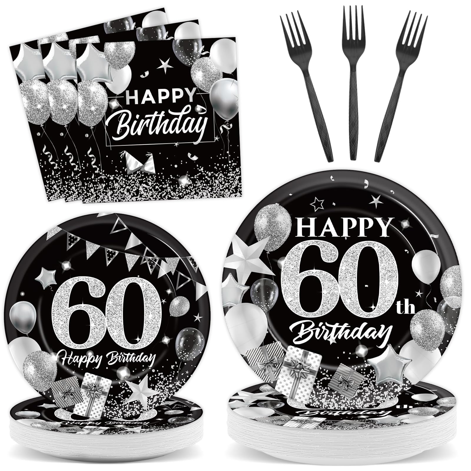 OBUSATT 96PCS 60th Birthday Party Supplies Black and White — free download