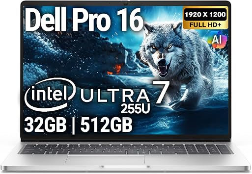 Dell Pro 16 Replaces Latitude 3550 16 WUXGA Display Business AI Laptop, Intel Ultra 7 255U, 32GB DDR5 RAM, 512GB SSD PCIe, WiFi 6E + BT, RJ-45, Backlit Keyboard, FHD Webcam, Windows 11 Pro - Silver