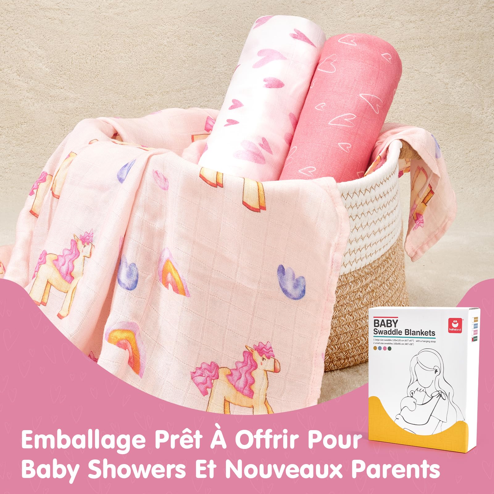 hahaland Couvertures d'Emmaillotage 100% Mousseline de Bambou pour Bébé - Lot de 3 (1 Grande 120x120 cm + 2 Standard 100x100 cm), Ultra-Douces, Respirantes, Essentiels pour Les Nouveau-nés - Rose
