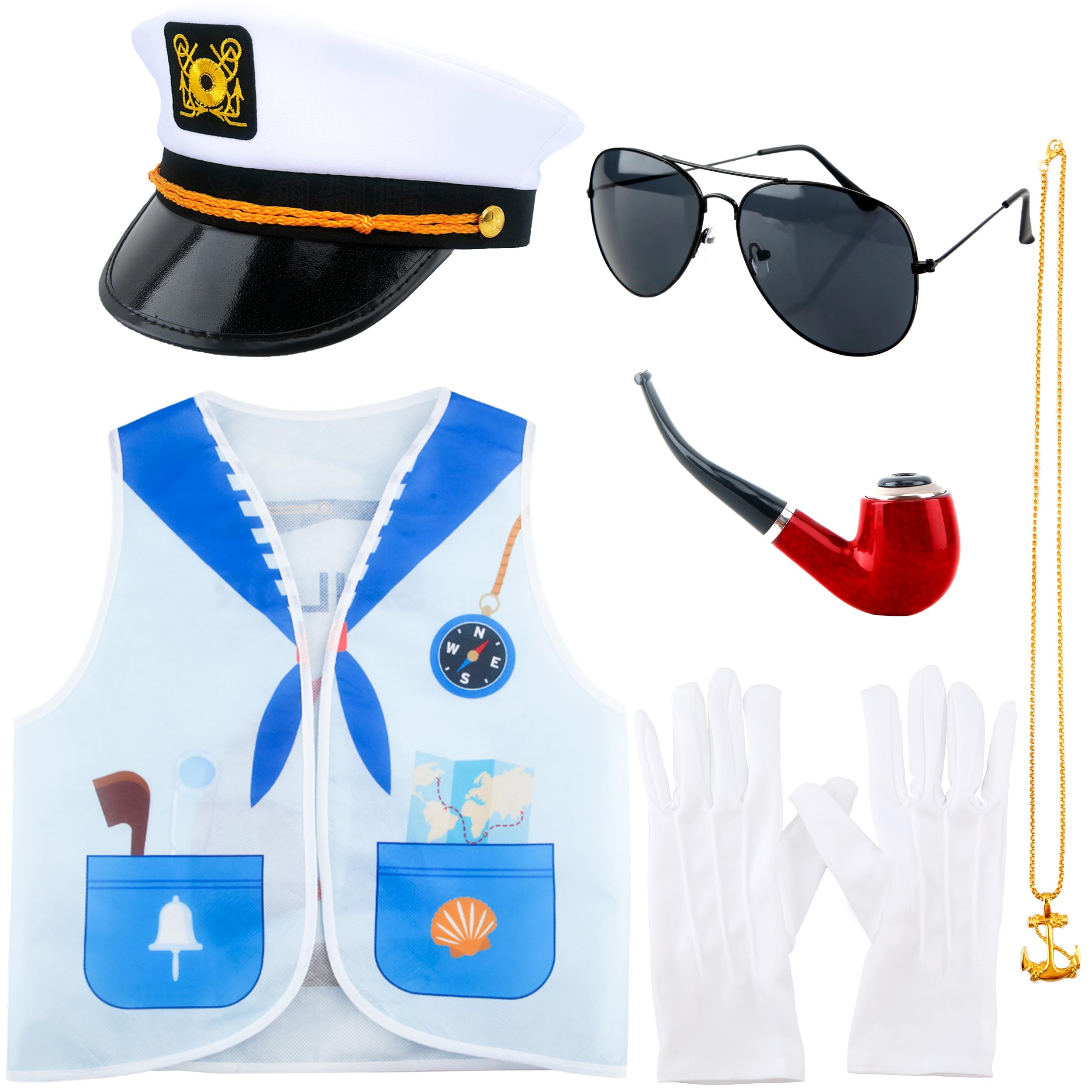 Puteraya7 Pcs Kids Navy Captain Sailor Yacht Costume Set Captain Sailor Navy Dress Up Vest Outfits Sailor Captain Vest and Hat with Marine Accessories for Boys Child Halloween Birthday Cosplay