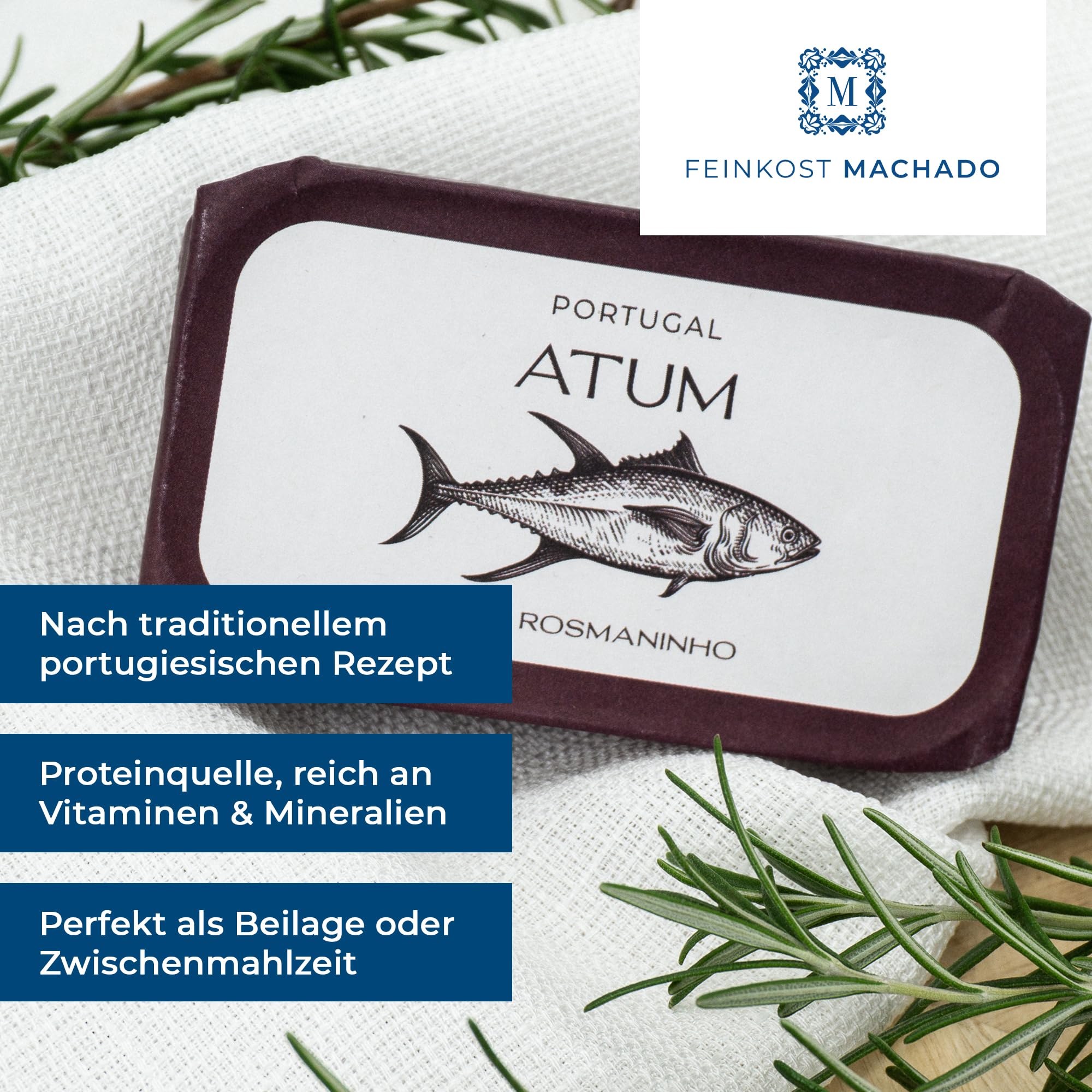 Feinkost Machado – 5er Set Thunfisch (je 120g) | Mit Thunfisch in Olivenöl, Rosmarin, Tomatensauce, Padron Paprika, Zitrone & Piri Piri | Mediterraner Genuss aus Portugal – Für Salate, Pasta & Tapas