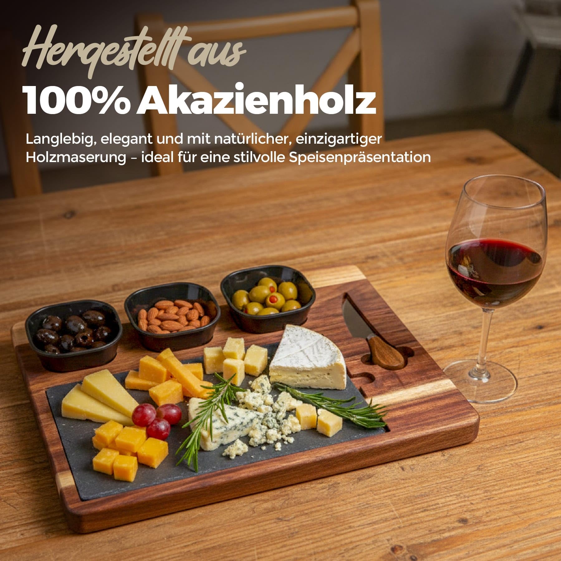 Servierbrett Set PERSONALISIERBAR mit Schieferplatte – Große Antipasti Platte aus Akazienholz inkl. Käsemesser & 3 Schalen – Servierplatte für Käse, Sushi, Tapas & Grill – Käseplatte 40x30 cm