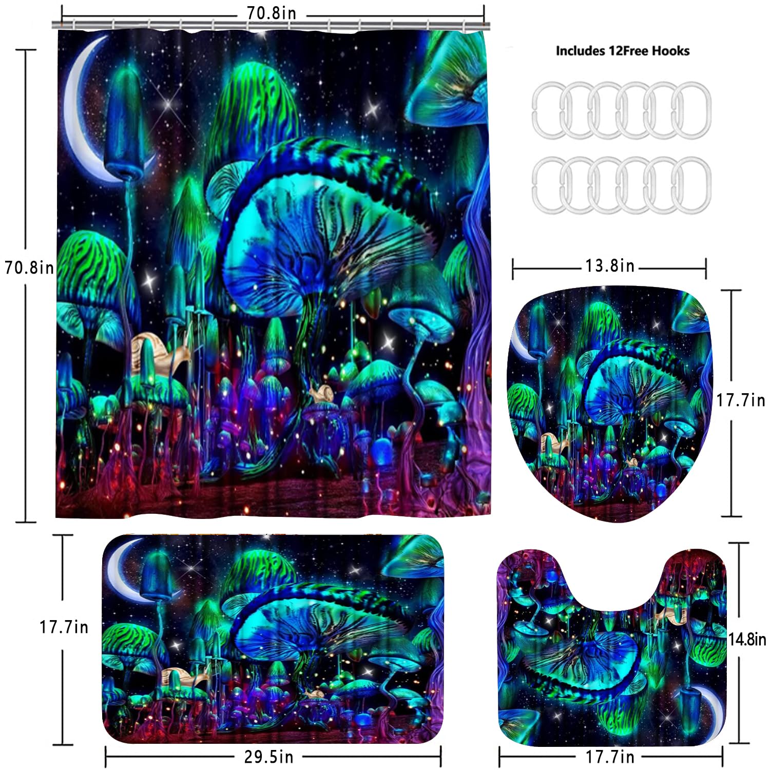 Set Bagno 4 Pezzi Con Fungo Incantato – Tenda Doccia Impermeabile, Tappeto Antiscivolo, Copriwater, Tappeto Lungo