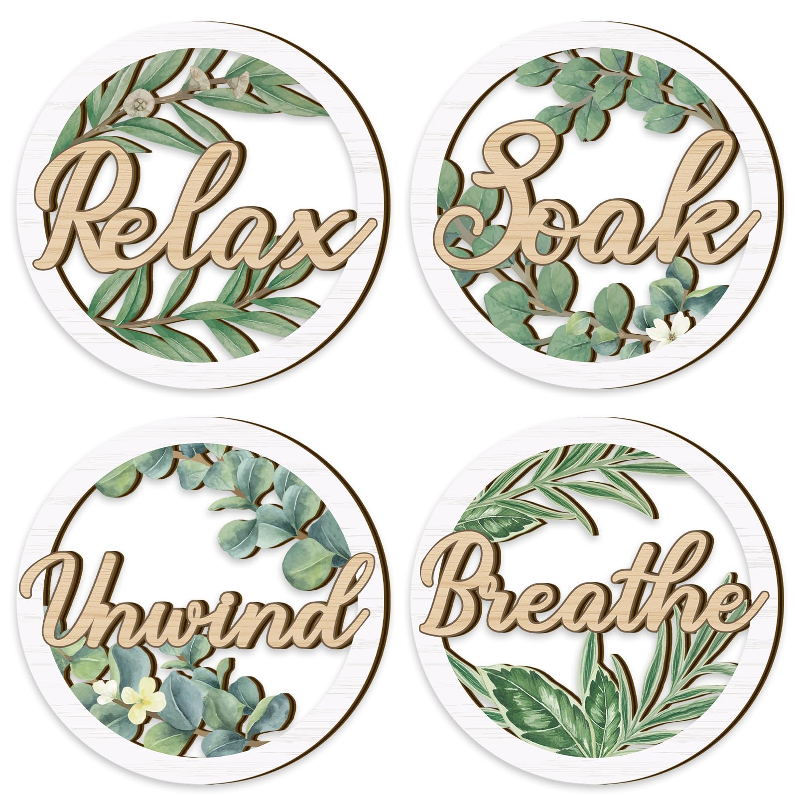 TOARTi 4PCS Green Bohemian Wall Art Farmhouse Bathroom Decor Bathroom Sign Relax Soak Unwind Breathe Hanging Plaque Rustic Home Decoration for Bedroom Living Room Office,11x11inch — image 1