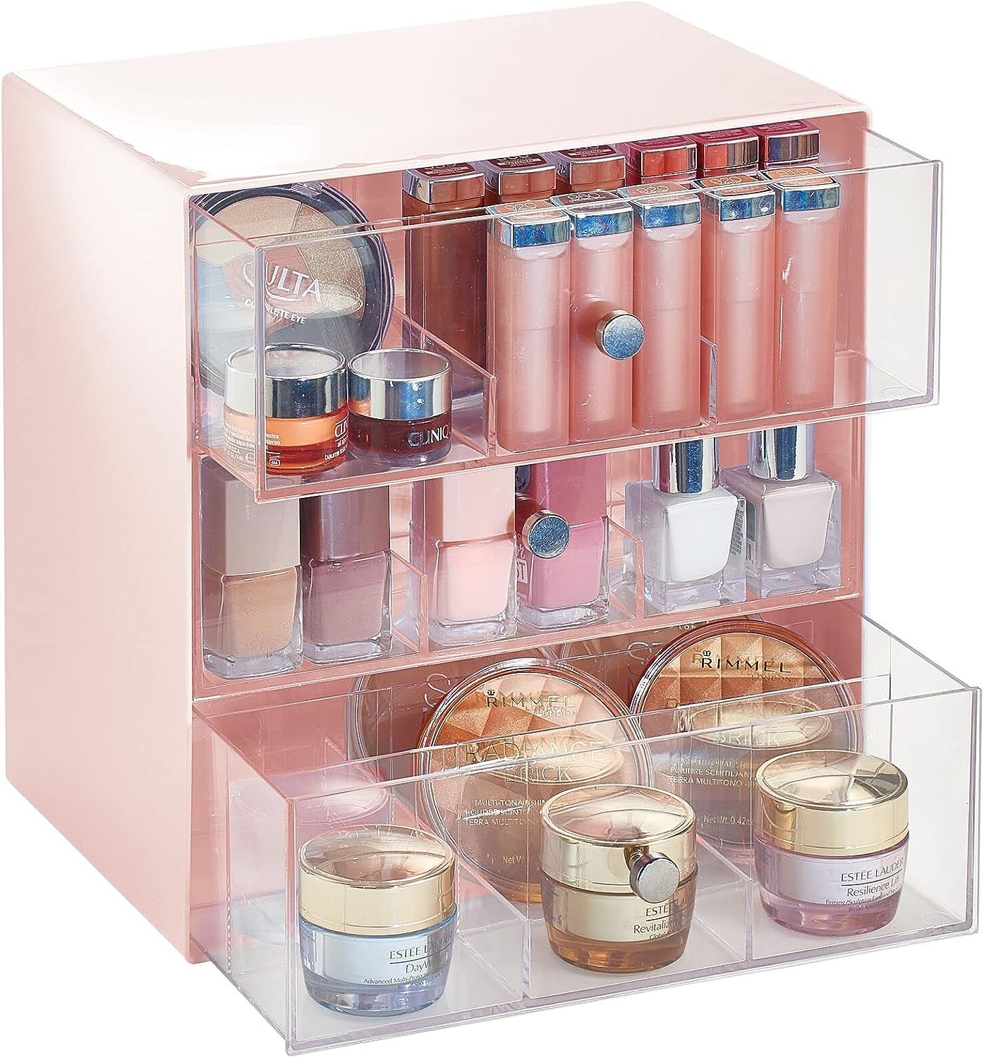 4basixMakeup Organiser with Drawers with 27 Compartments, Drawer for Hair Accessories, Cotton Pads and Makeup Accessories, Pink/White