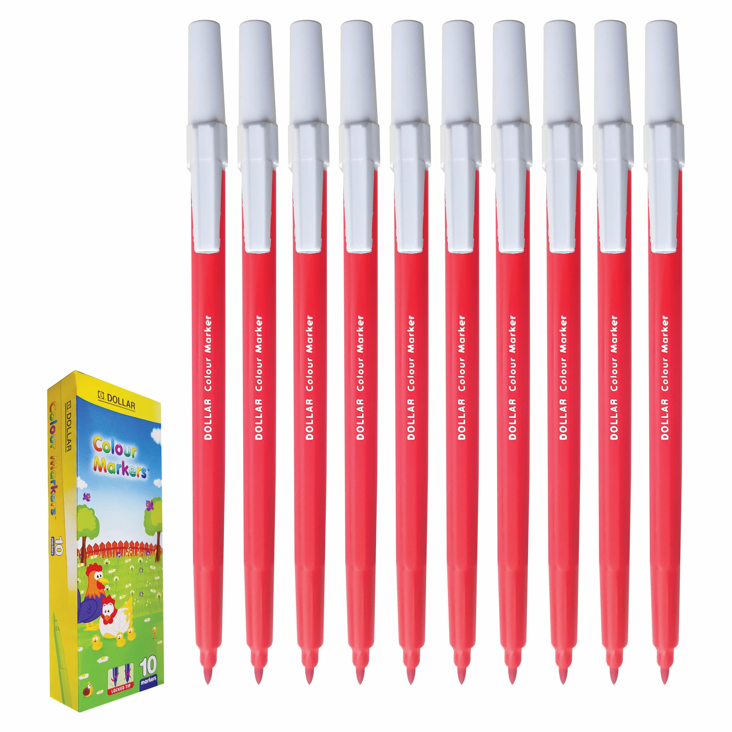 DOLLAR ColourMarkers Felt Tip Colouring Pens, RED, Fine Point, Pack of 10, Draw Colour Mark Sketch Write Shade Underline, School Office Home Everyday Use