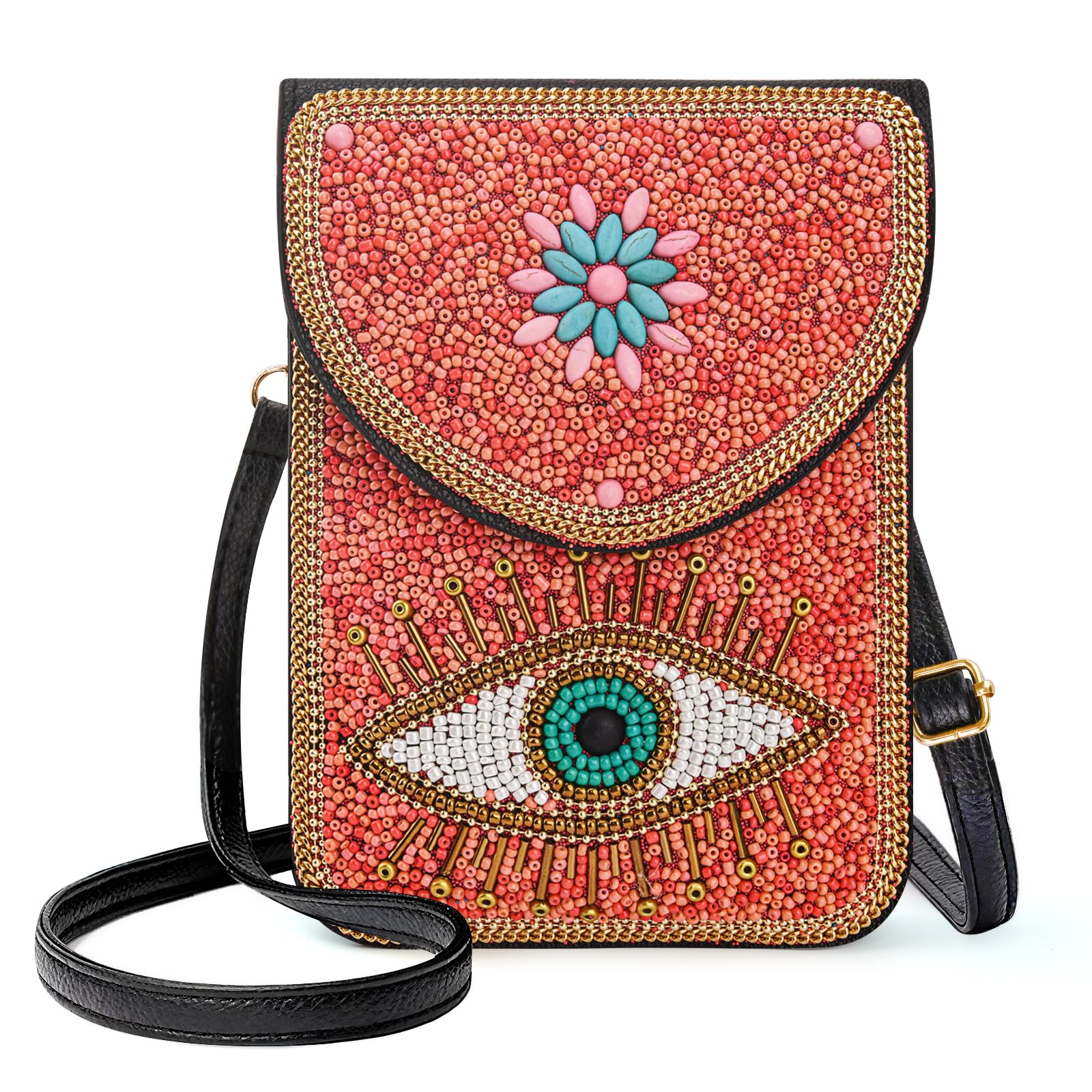 Ayuoejik Small Beaded Crossbody Bag for Women, Boho Cell Phone Shoulder Purse Wallet with Handcrafted Colorful Beads