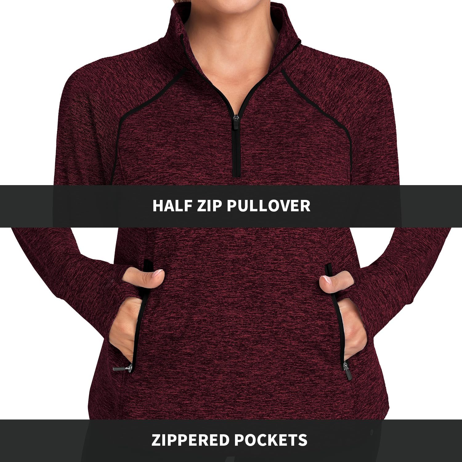Soneven Women Thermal Fleece Sweatshirt Half Zip Thumbholes Winter Long Sleeve Pullover Tops Mock Neck Running Jacket