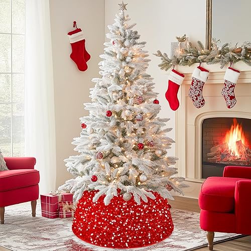 Miniatura 3 de Red Christmas Tree Collar Glitter Xmas Tree Ring 23.6 Inch Sequins Xmas Tree Collar Velvet Tree Skirt Sparkling Christmas Tree Basket Collar Rustic