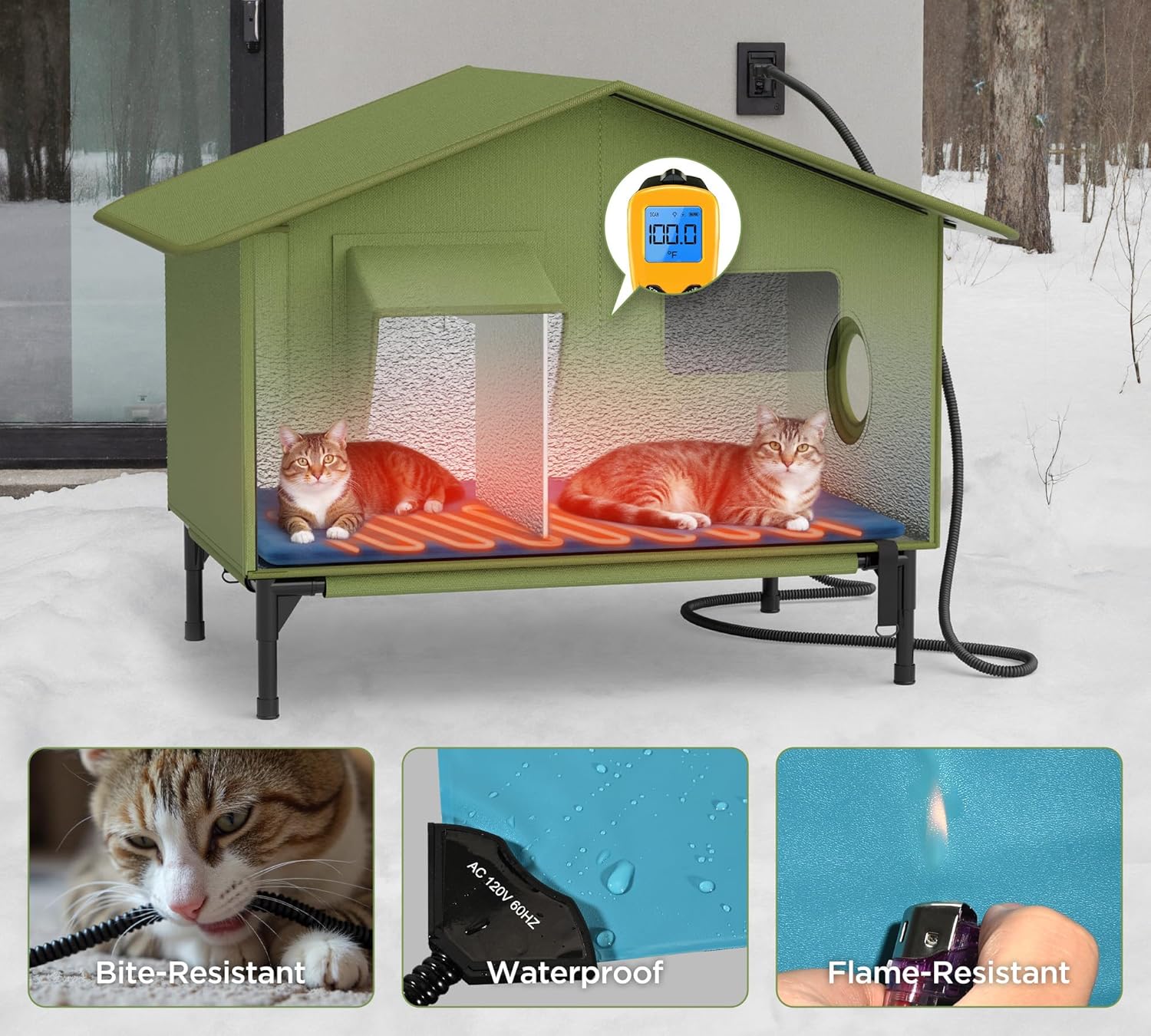 Outdoor Heated Cat House with Feeding Station – Waterproof Insulated Shelter for Feral Cats, Dual-Chamber Winter Cat House with Removable Heating Pad, Dual Feed Holes & Escape Door – Green