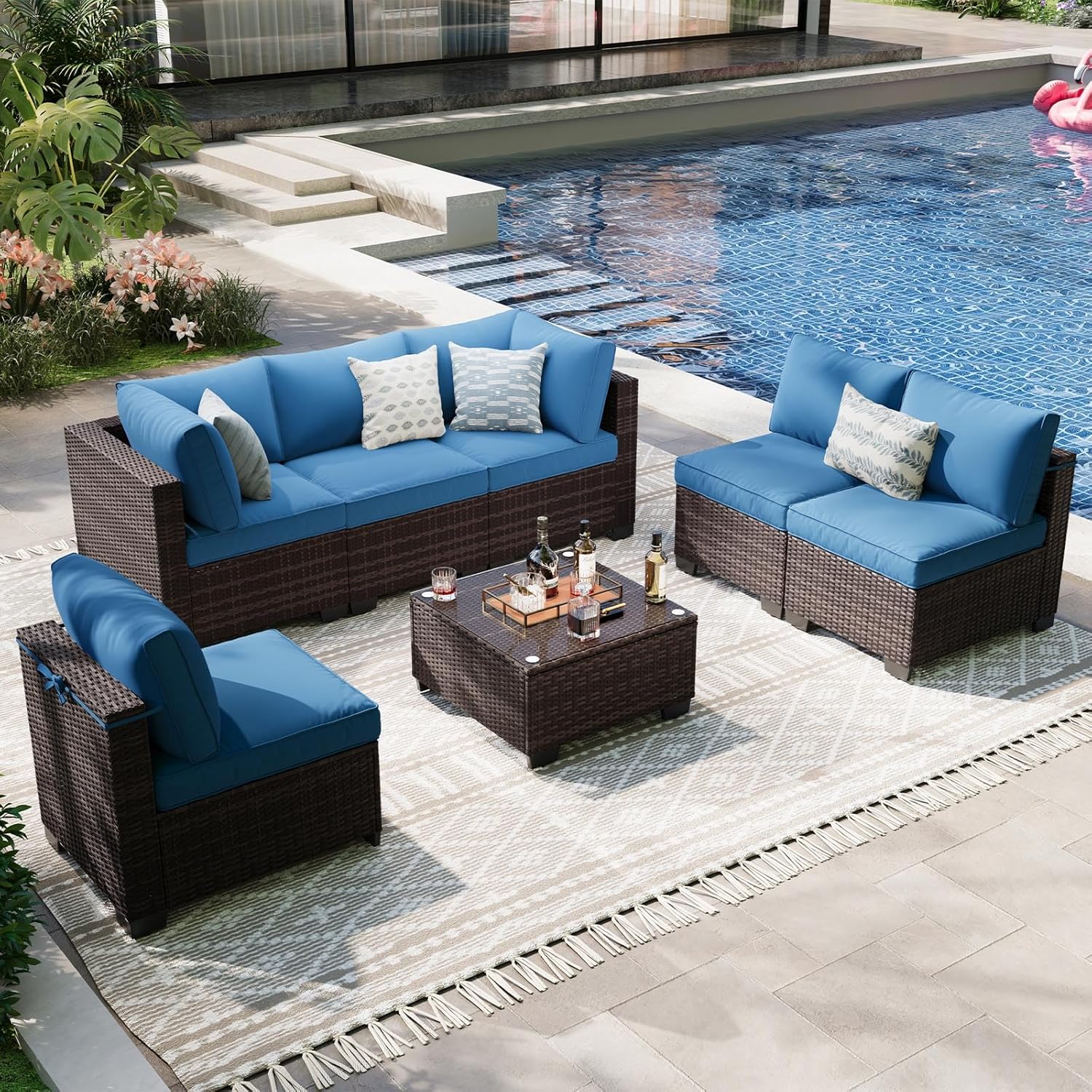 7-Piece Outdoor Patio Furniture Set, 6-Seat All-Weather PE Rattan Wicker Patio Sectional Furniture Set with Coffee Table, 450 lb Capacity
