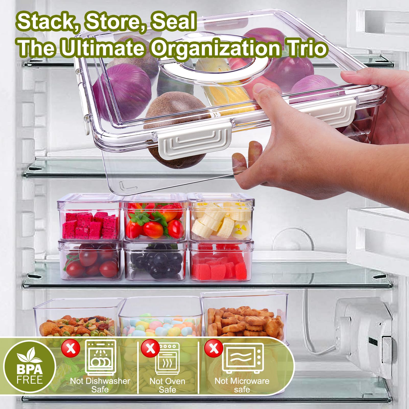 AIERSA Organizadores y almacenamiento de refrigerador, contenedores de almacenamiento de frutas y verduras para nevera, contenedores apilables para organización de alimentos, contenedor grande para