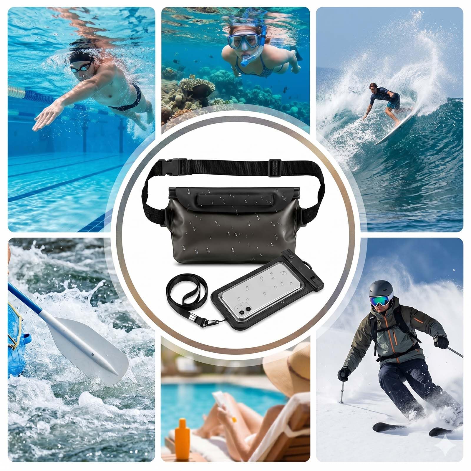 wasserdichte handyhülle & wasserdichte bauchtasche Set - IPX8 handyhülle wasserdicht mit Dreifach-Verschluss, Touchscreen & Face ID, wasserdichte tasche für Strand, Schwimmen, Tauchen, Wassersport