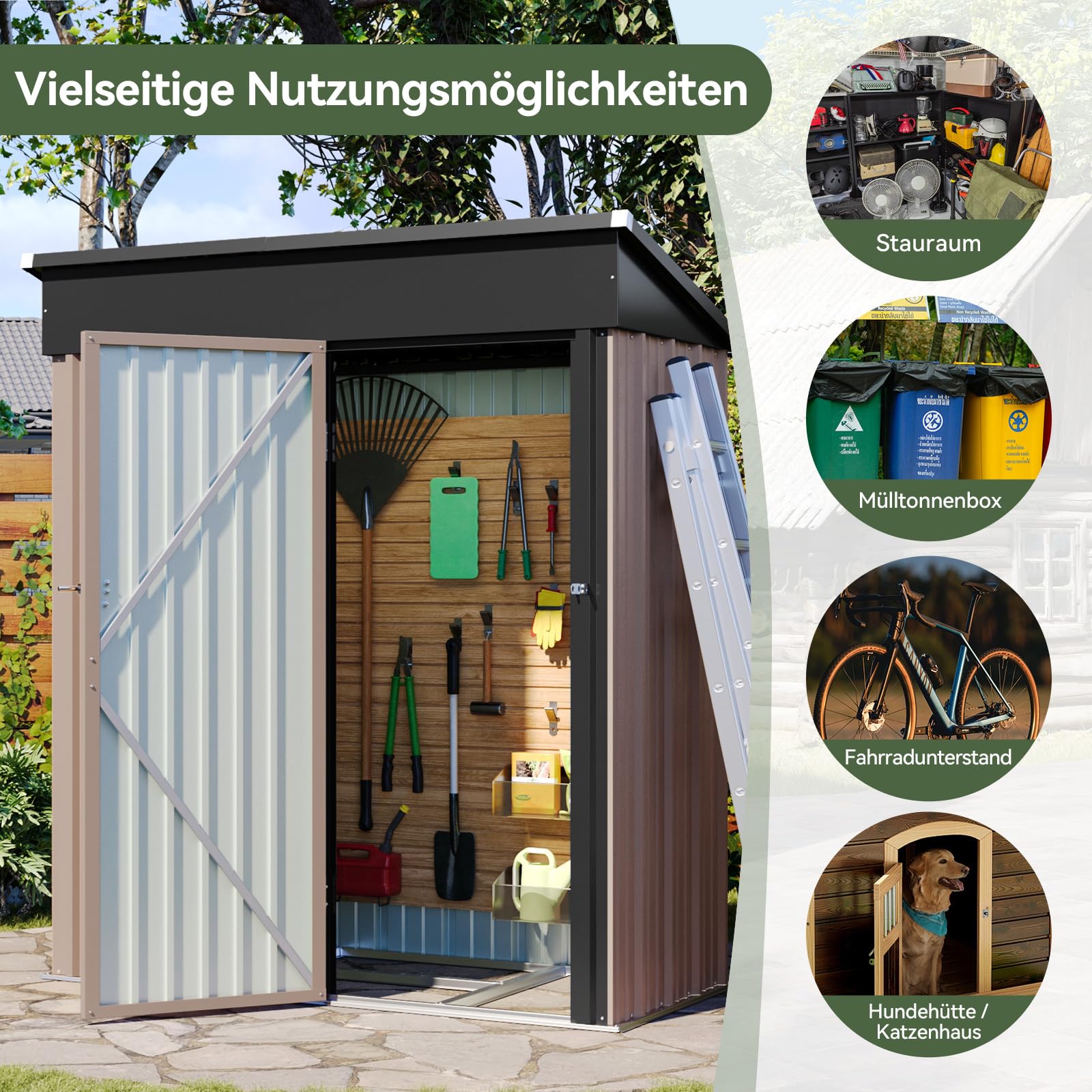 Aoxun Gartenhaus mit Standfuß, verzinktes Metallschuppen mit Schiebetür, Werkzeugaufbewahrung, Fahrradschuppen, Braun