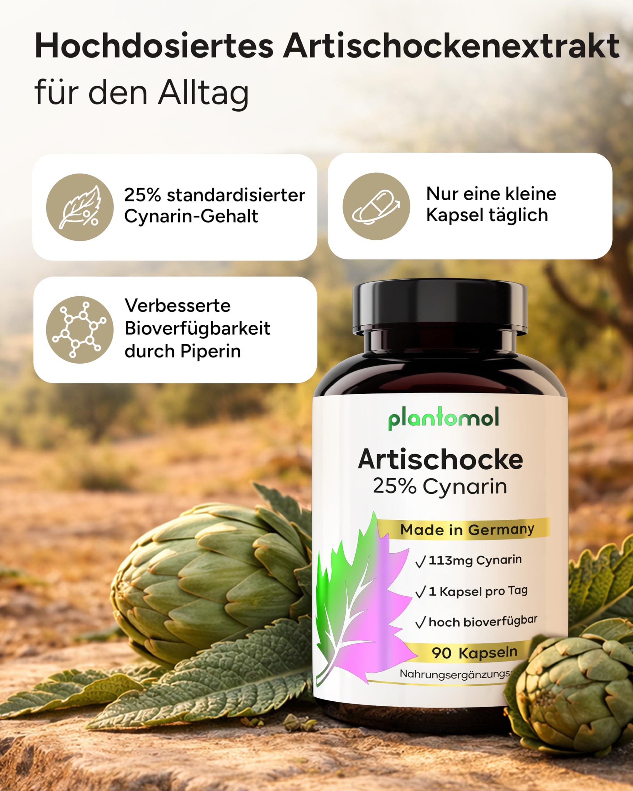 90 Artischocken Kapseln hochdosiert mit 113mg Cynarin - nur 1 Kapsel/Tag - Artischocken-Extrakt hochdosiert - 3 Monatsvorrat