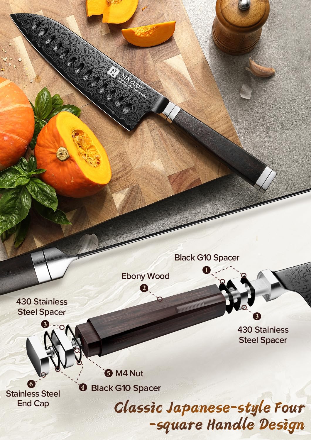 XINZUO 67-warstwowy nóż Santoku ze stali damasceńskiej, 18,2 cm, profesjonalnie kuty nóż szefa kuchni z ostrym ostrzem, ergonomiczny uchwyt z drewna hebanowego, w pudełku prezentowym, seria Ji