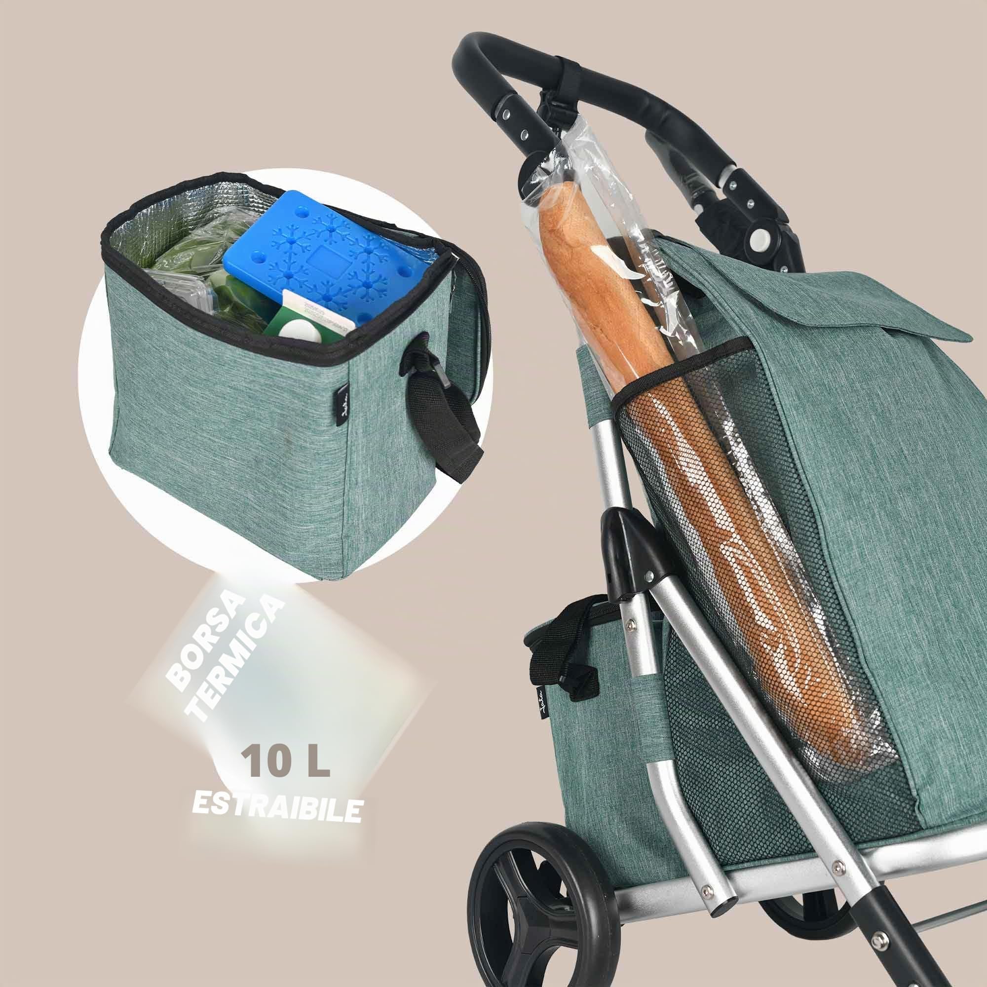 JATA HCAR2501 - Carrello della spesa 4 ruote. 40 litri con sacchetto refrigerante per congelati. 2 ruote girevoli a 360°. Carrello pieghevole. Con freno. Telaio in alluminio