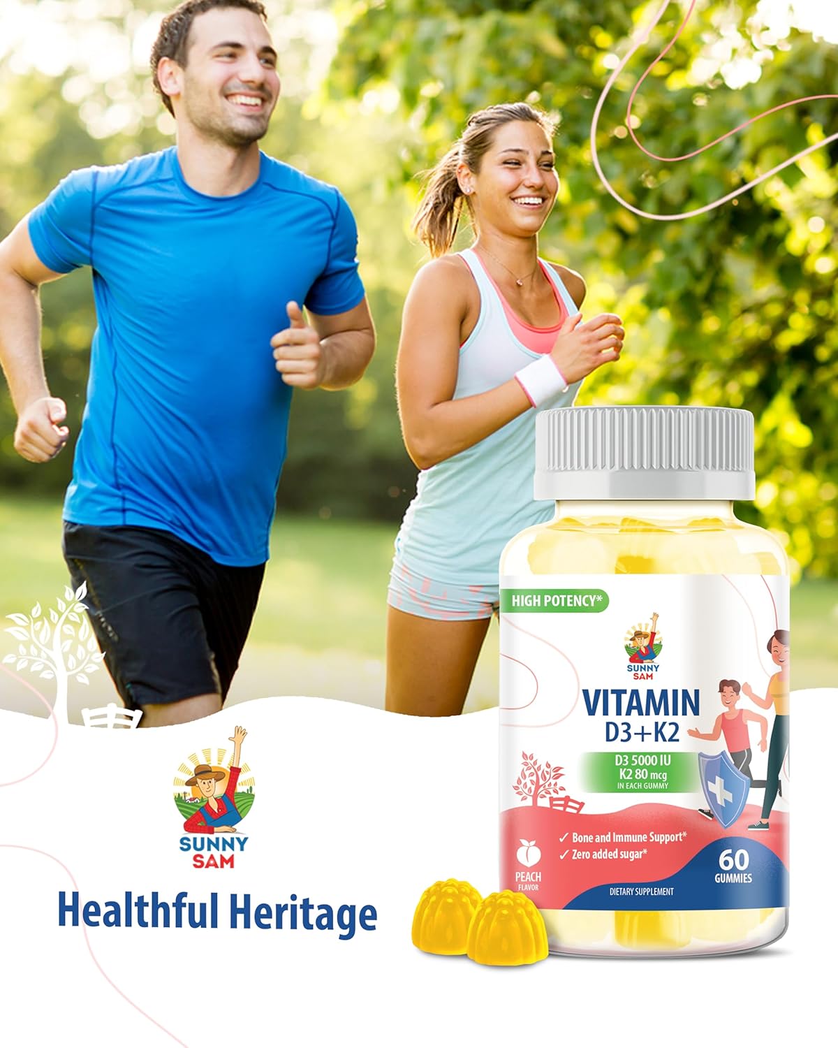 SUNNY SAM Sugar-Free Vitamin D3 K2 Gummies 5000 IU - Immune & Bone Support - Vitamin D Gummy Supplement for Adults - High-Absorption, Vegan, Halal, Gluten-Free Chewable Vitamins - 120 Count