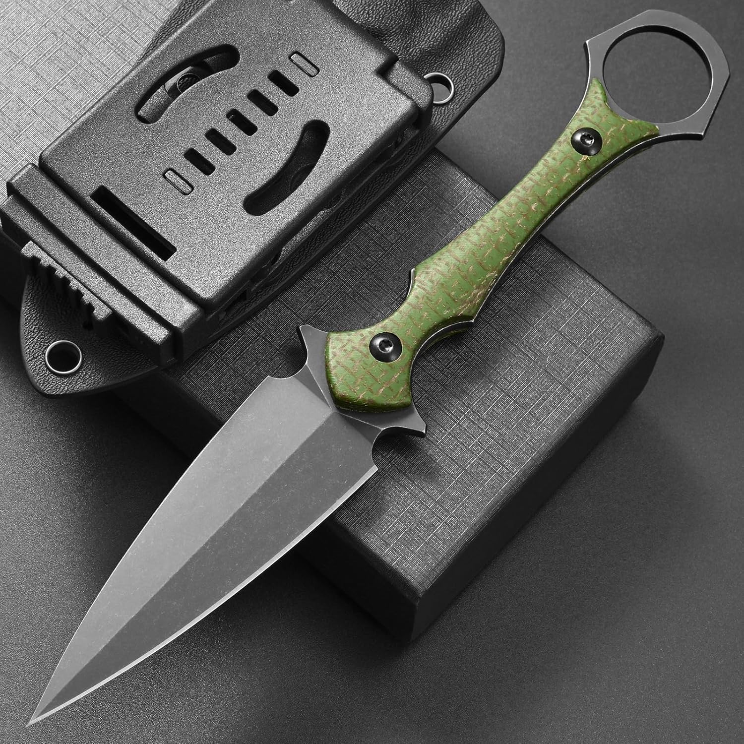 C1292 Fixed Blade Knife D2 Blade Micarta Handle EDC Tool Knifes for Outdoor Camping Survival Hiking(Green)