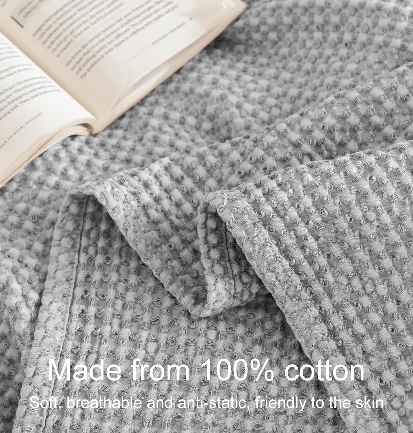Talasily Couverture 100 % coton - 150 x 200 cm - Douce et respirante - Motif gaufré - Couverture légère - Couverture de canapé - Douce et douillette - Pour salon, canapé, canapé, gris clair
