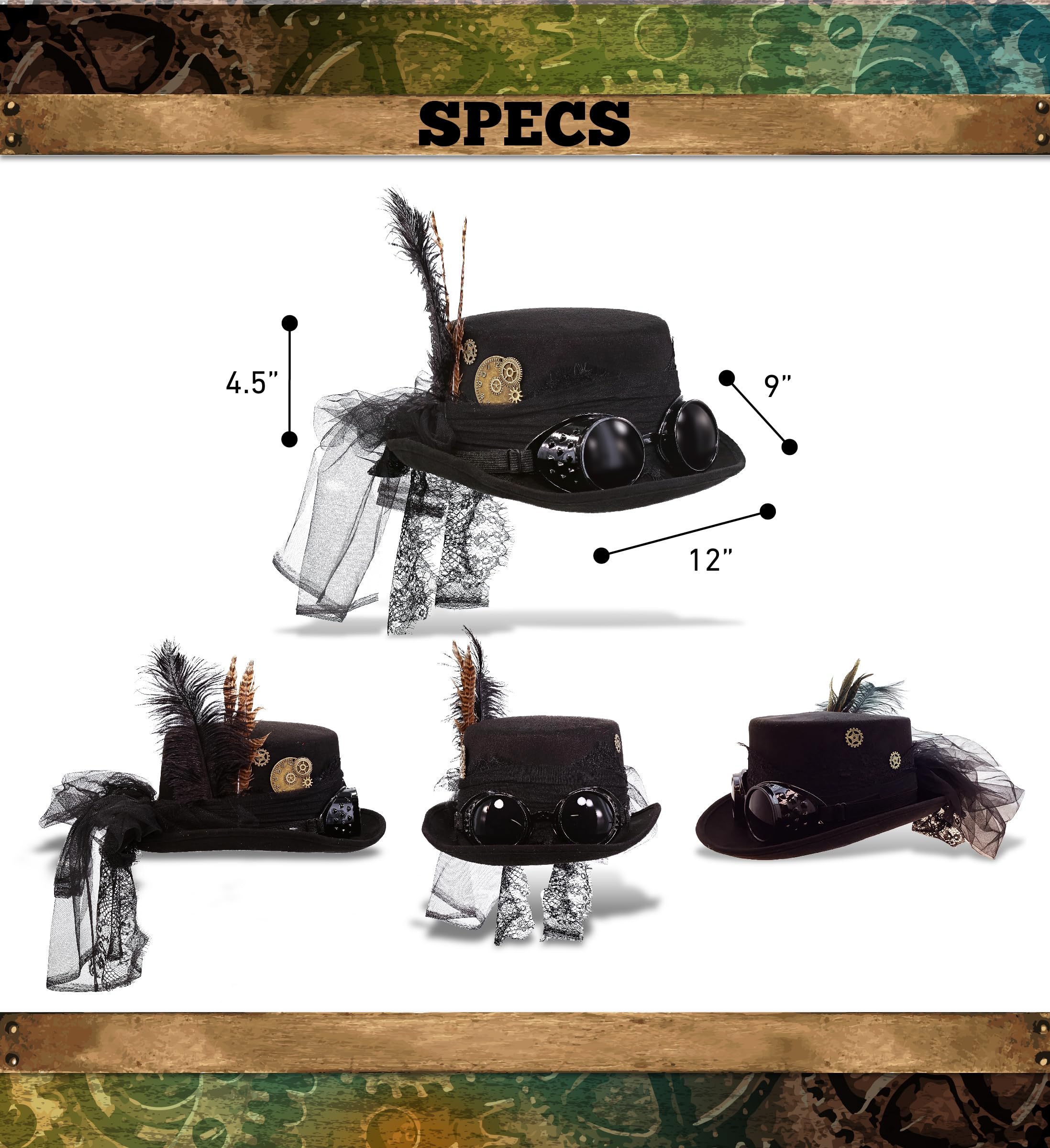 Attitude Studio Fedora Steampunk Hat with Goggles, Feathers, and Gears - Black - Image 2