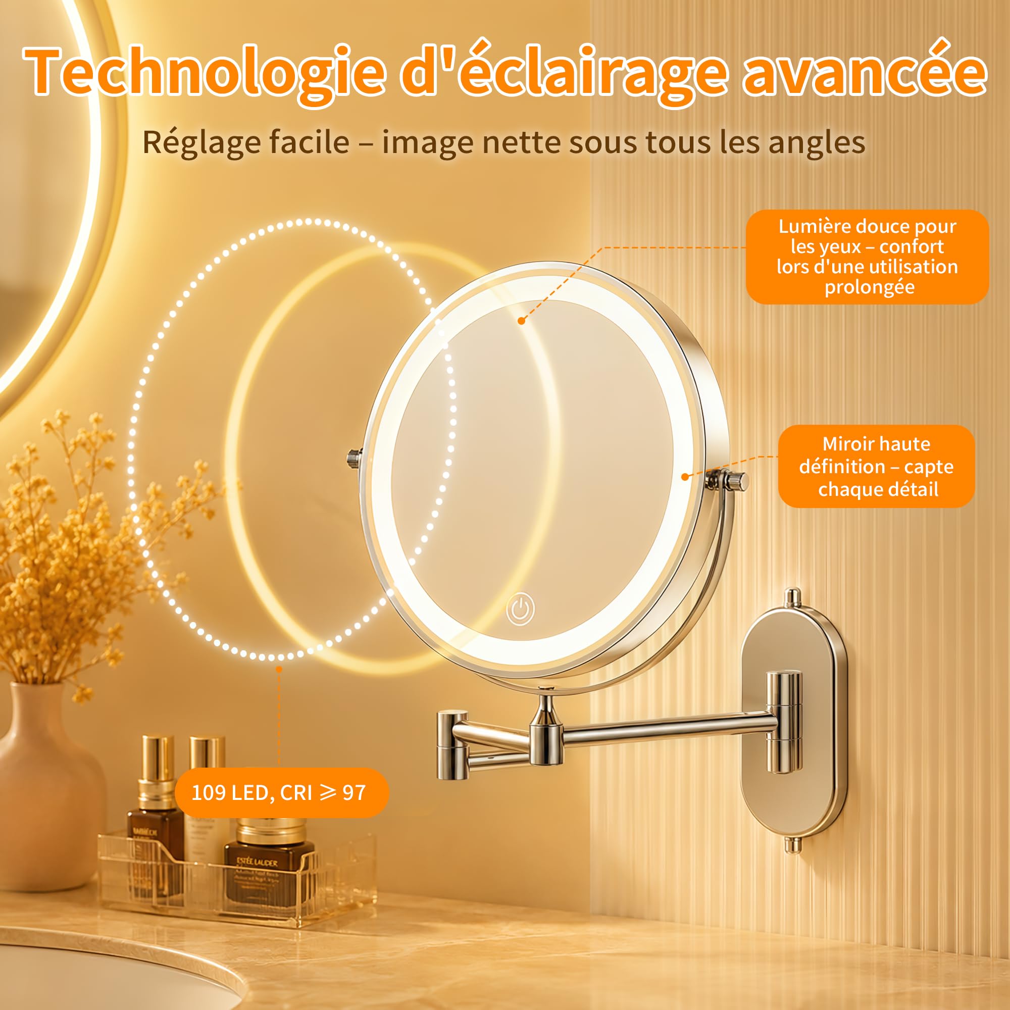 ICARE Miroir Grossissant Mural 30X/1X – 8 inch Miroir Grossissant Lumineux Mural – 3 Températures de Couleur Ventouse – Rotation 360° – Batterie Rechargeable 4000mAh – Idéal Salle de Bain, Maquillage