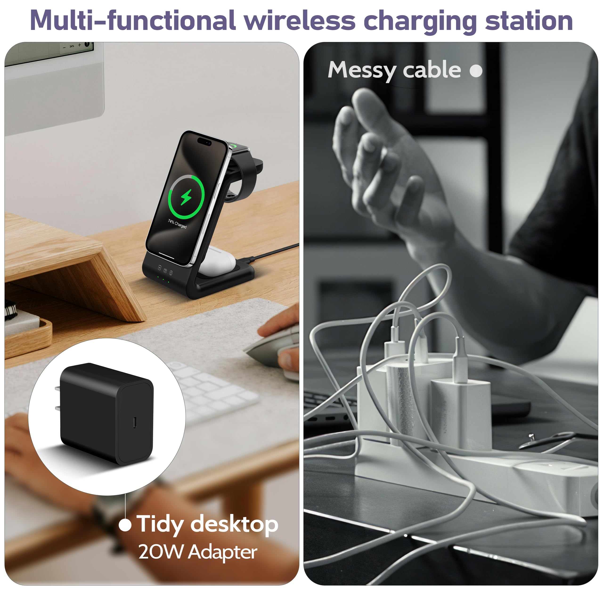 3 in 1 Wireless Charging Station: 5000mAh Removable Power Bank Charger Stand for Phone/Watch/Air Pods - Portable Magnetic Battery Pack for Air 17 16 15 14 13 12 Series