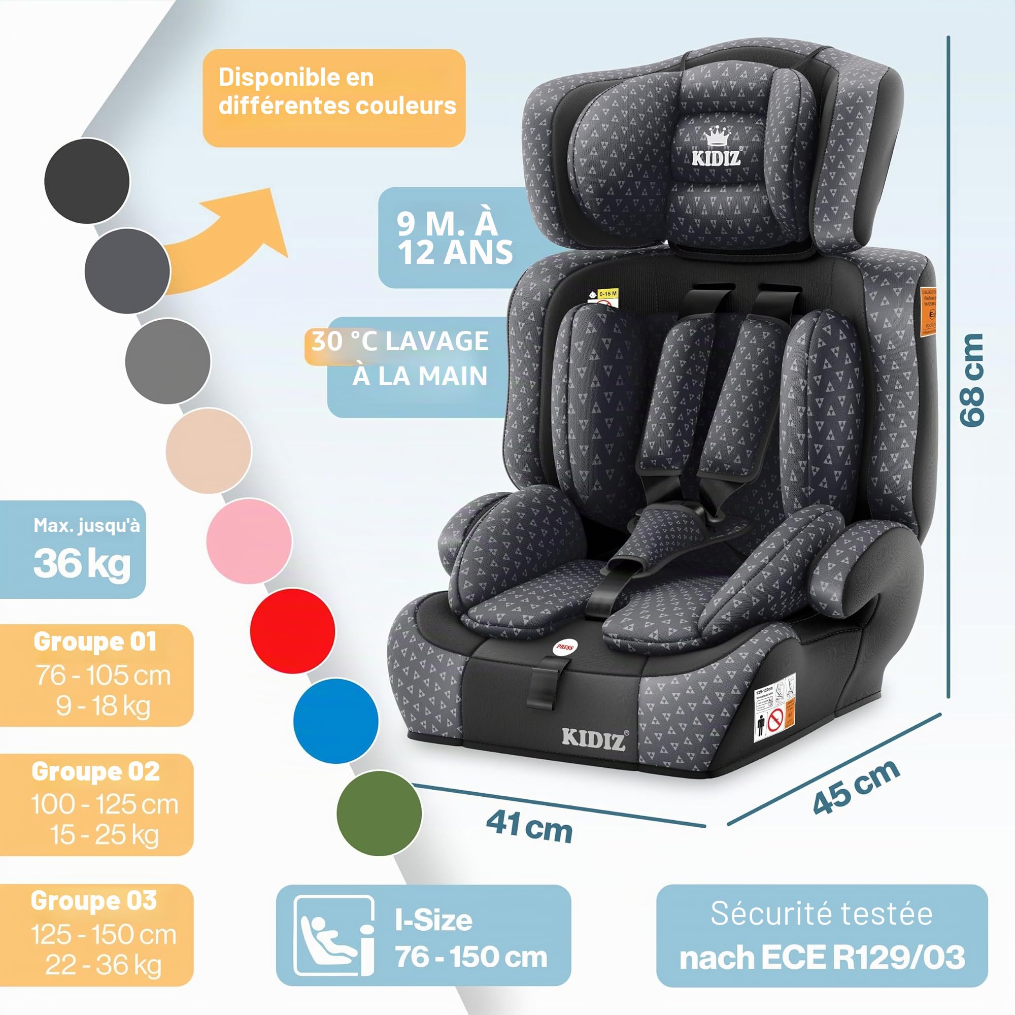 KIDIZ® Siège auto i-Size R129 100-150 cm jusqu'à 12 ans - Siège auto pour enfant groupe 1/2/3 sans Isofix, siège enfant grand, harnais 5 points, appuie-tête réglable en hauteur, rehausseur auto