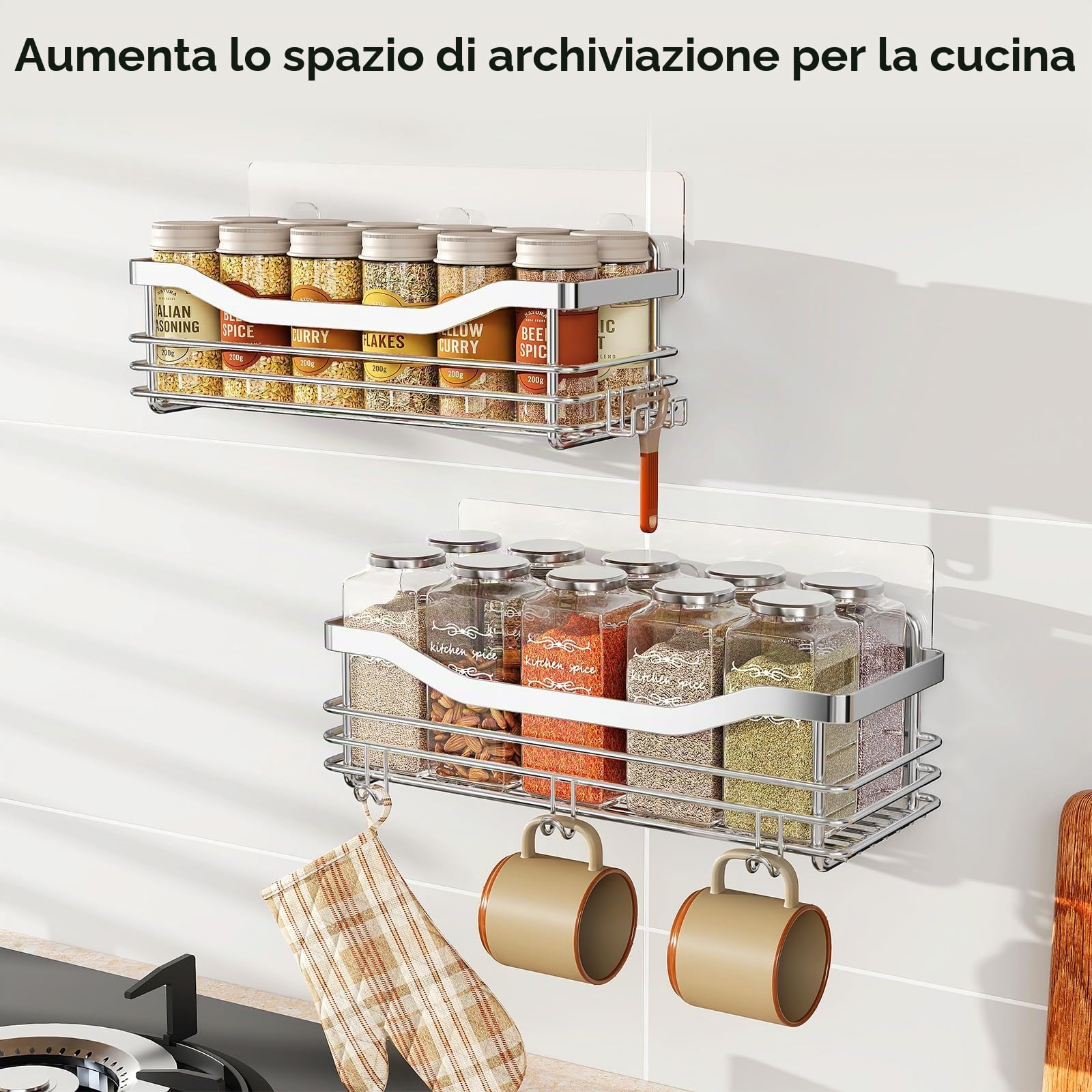 Orimade Acciaio inossidabile SUS304 - Porta doccia con 5 ganci per bagno, cestello per WC, cucina Spice Rack in acciaio SUS304, senza foratura, 2 confezioni