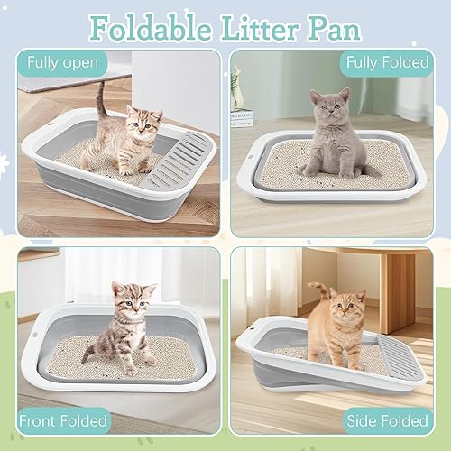 Miniatura 12 de Fhiny Caja de arena abierta para gatos, pequeña caja de arena para gatitos de entrada baja, bandeja para orinal plegable, impermeable, para Gris
