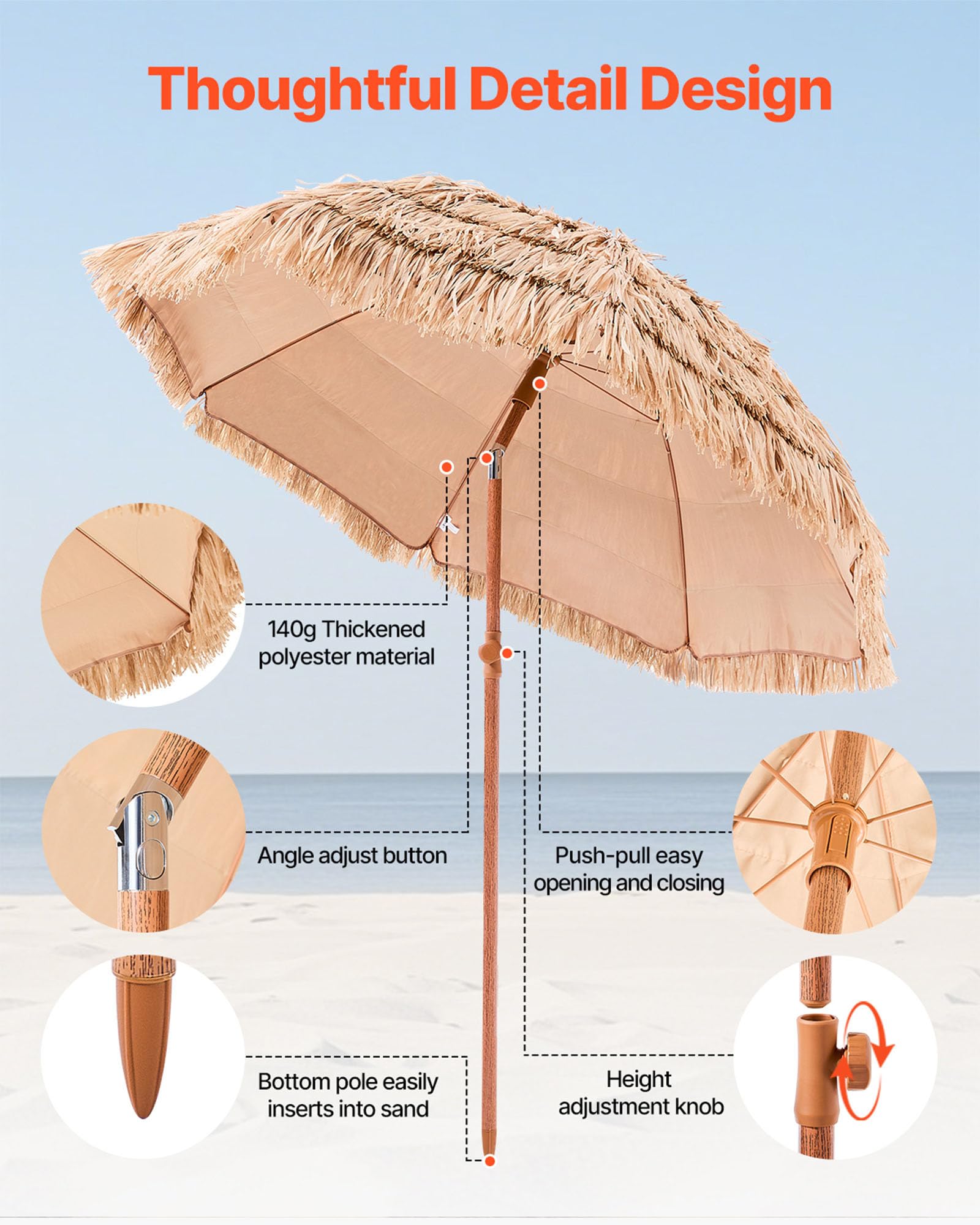 VEVOR Ombrello in paglia Hawaii, 2 m, inclinabile, ombrellone da spiaggia con paglia PP e 8 barre in metallo, ombrellone da giardino, ombrellone da mercato, ombrellone da terrazza, bordo piscina