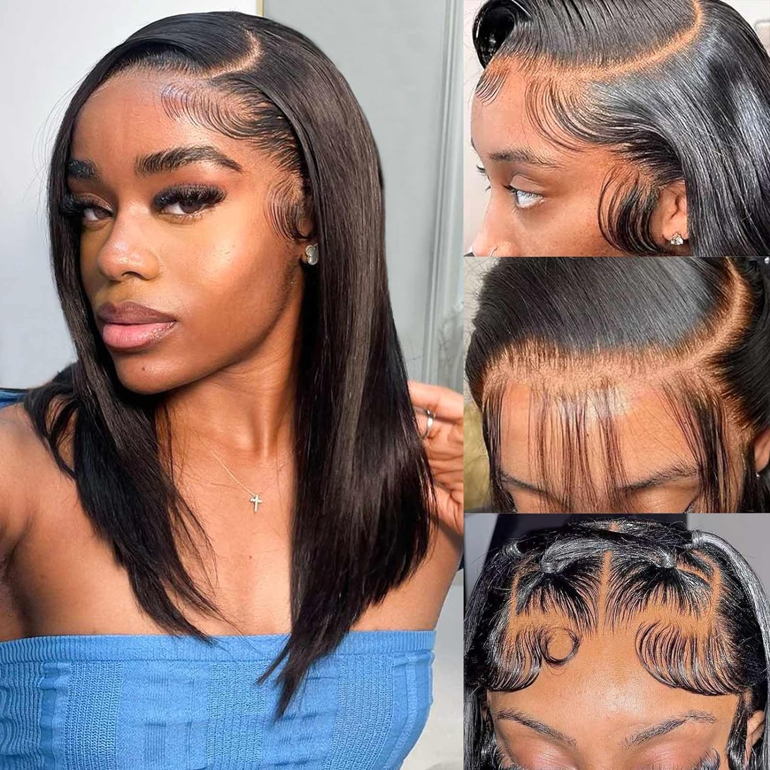 Bob Wig Human Hair 13×4 HD Lace Frontal Short Straight Lace Front Bob Wigs for Black Women Human Hair Pre Plucked Glueless Side Part 180% Density Black Color 16 Inch