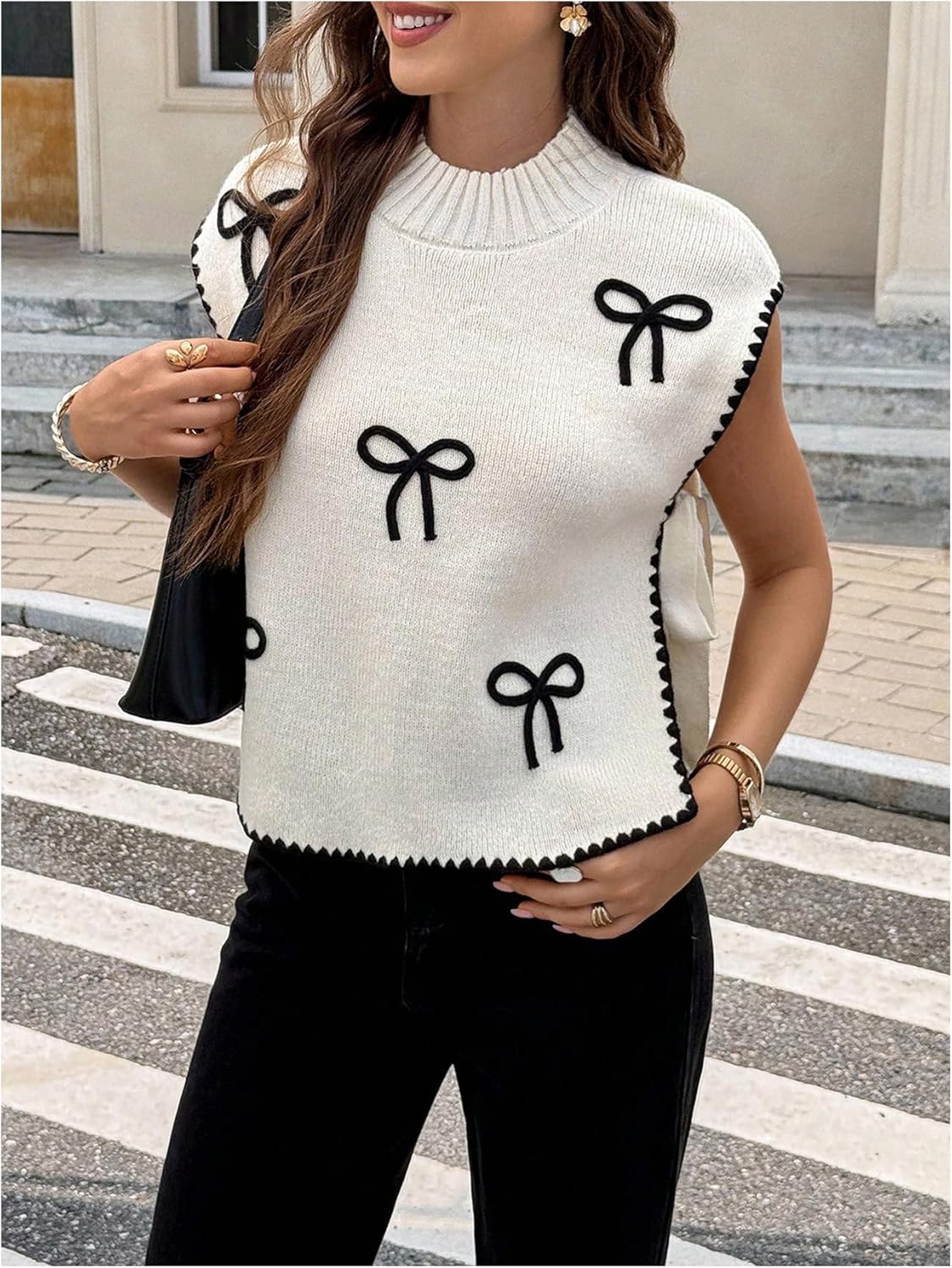 WDIRARA Women's Bow Embroidery Tie Side Sweater Vests Mock Neck Sleeveless Knit Tank Tops - Image 3