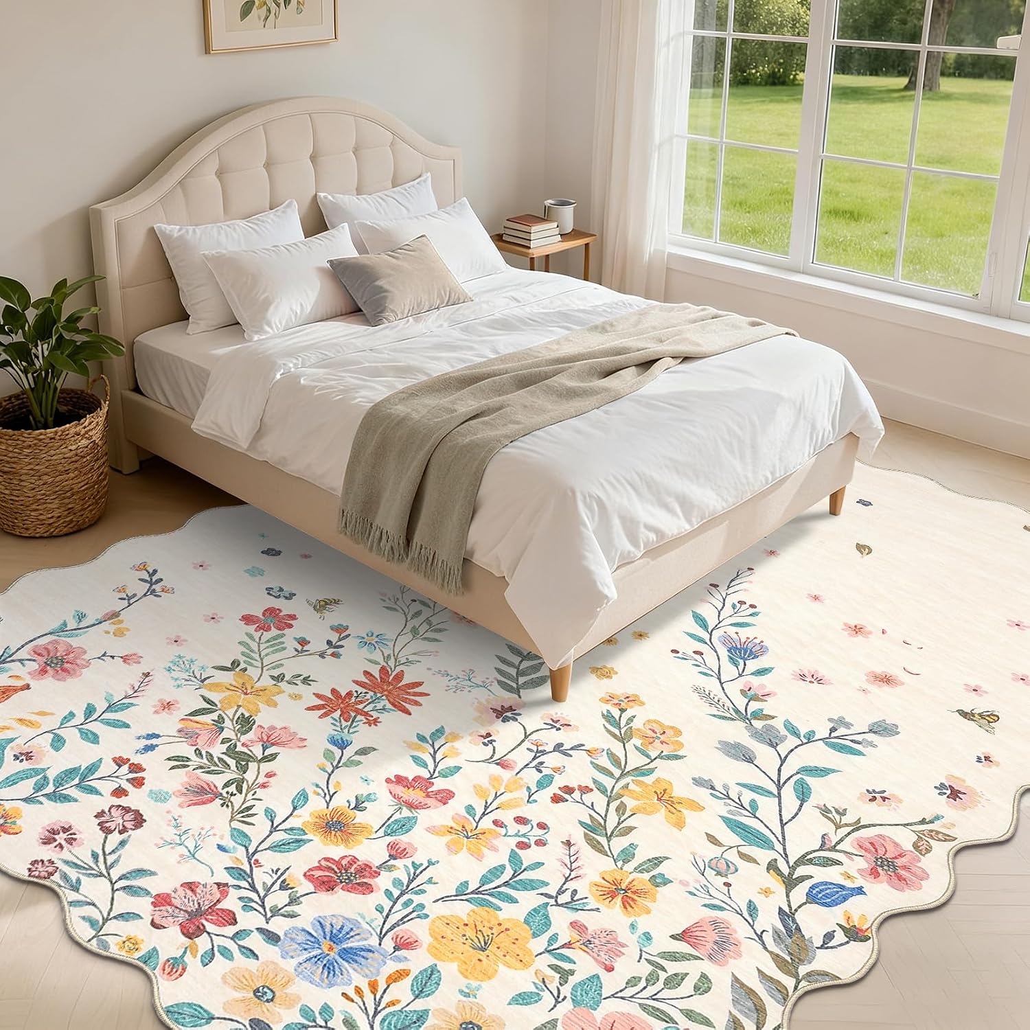 GAOMON Machine Washable Area Rug 10x13 Floral Rugs with Non Slip Backing, Ultra Thin Soft Large Throw Carpet for Bedroom Living Room, Botanical Print Indoor Farmhouse Floor Cover, Beige