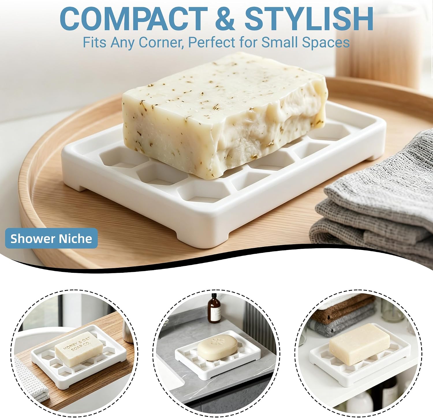 Honeycomb Silicone Soap Dish, Self Draining Soap Holder with Raised Grid Design, Non Slip Soap Saver Tray, Quick Dry Soap Dish for Bathroom Kitchen Sink Shower, White & White