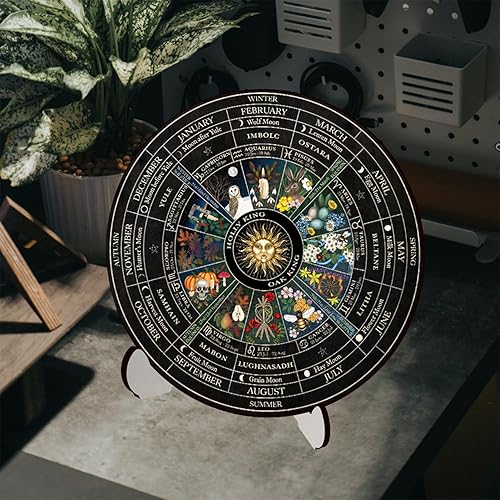 Miniatura 5 de WBQMUNY Letrero de madera de la rueda del año de 10 pulgadas, letrero pagano de Sabbats de brujas y runas, tablero grabado de madera Wicca,