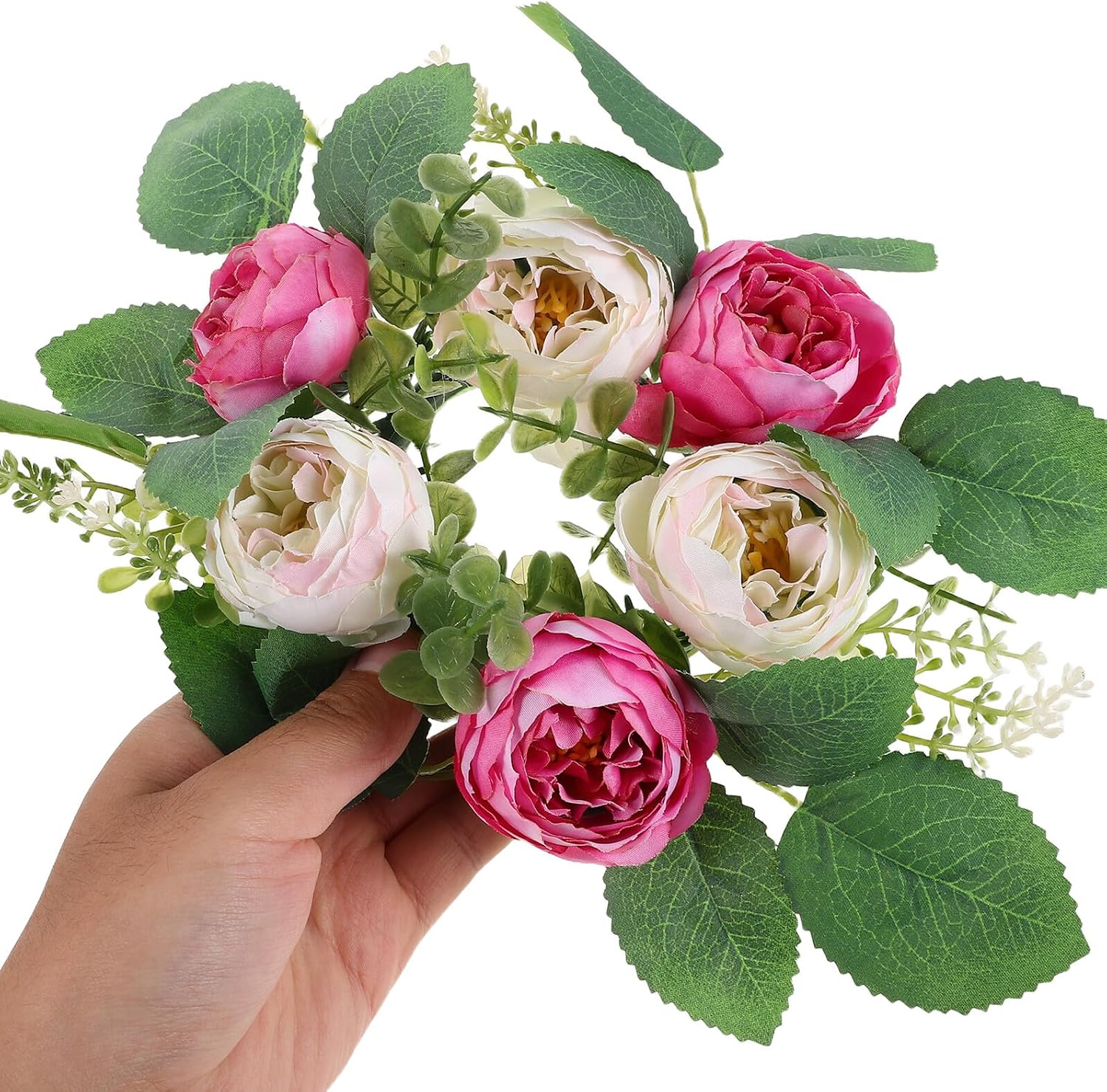 2pcs Faux Silk Peony Flower Wreath Candle Rings Spring Floral Garland Decorative Candleholder for Indoor Wedding Table Centerpiece Home Décor