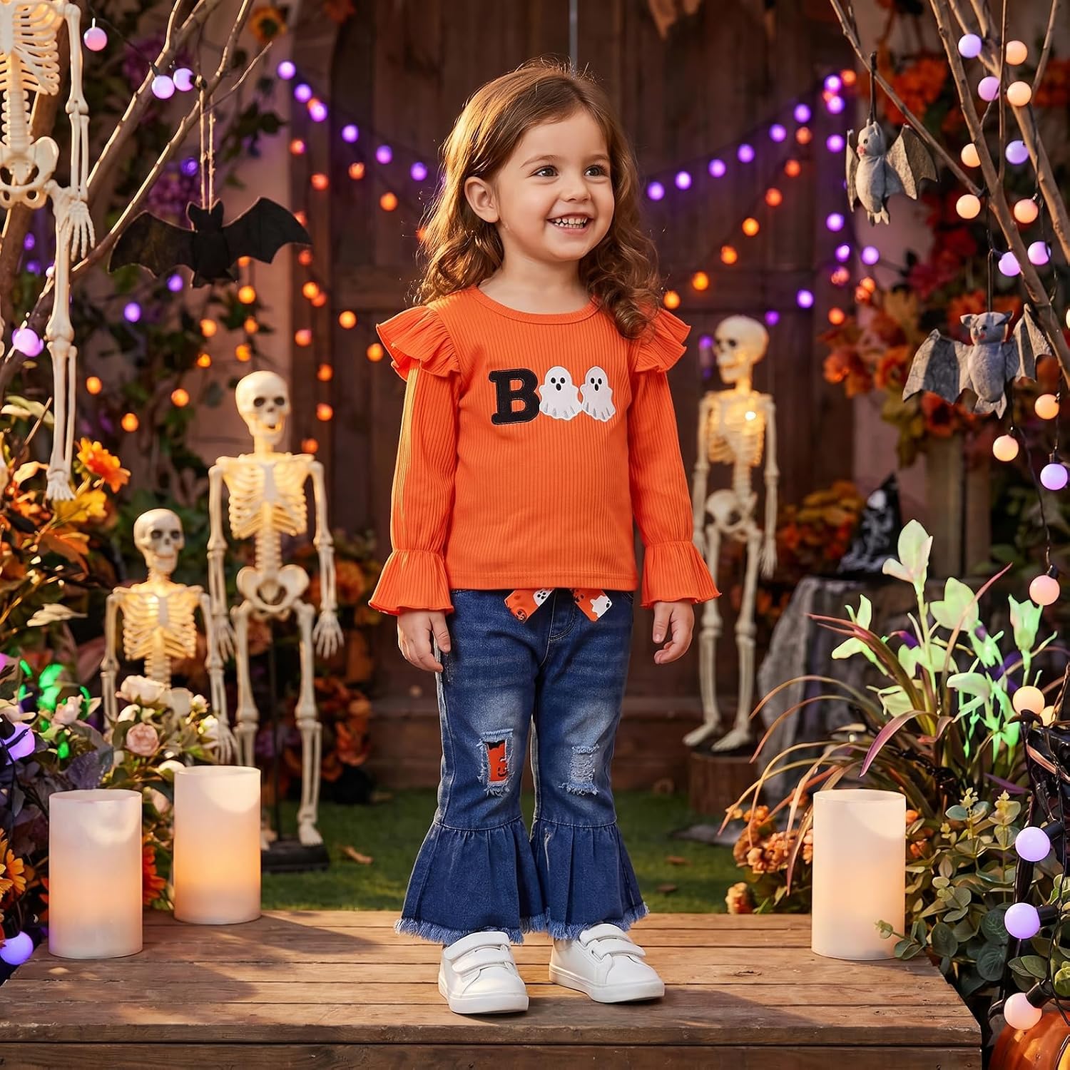 Toddler Baby Girl Halloween Outfit Ghost Ribbed 4 Pcs Set