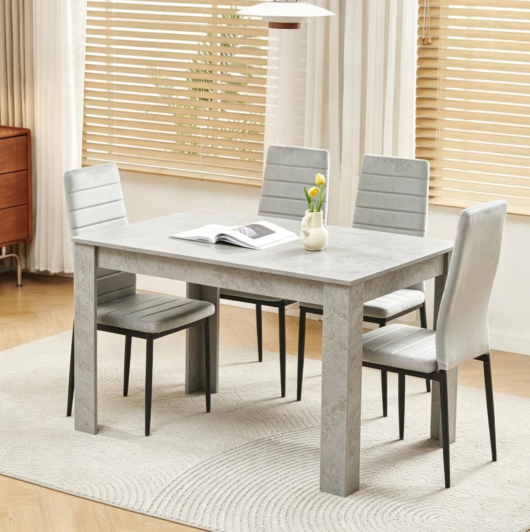 Menaka Wood Dining Table and Chairs Set of 4, Small Rectangular Kitchen Dinner Table with 4 Seaters (line grey velvet chairs, 120m high gloss grey marble table, 4 seaters)