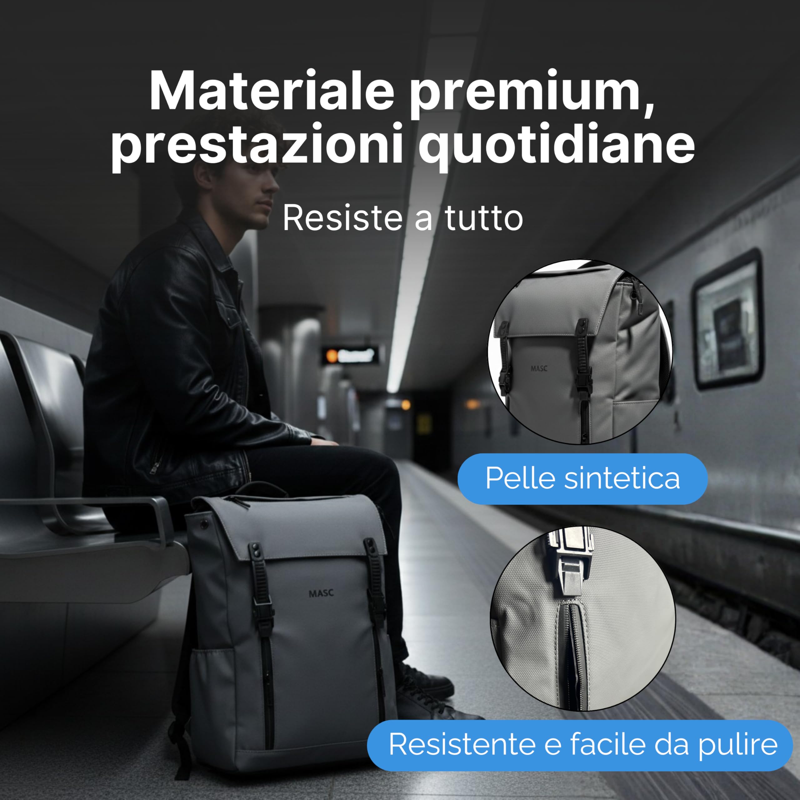 MASC Zaino da Lavoro Impermeabile, Zaino Porta Laptop ideale per Ufficio e Università - Zaino da Viaggio Capiente 22L