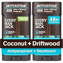 Every Man Jack Mens Coconut + Driftwood Antiperspirant Deodorant New & Improved Formula Smooth Glide, 48-Hour Odor & Sweat Defense 2.6 oz 2 Pack