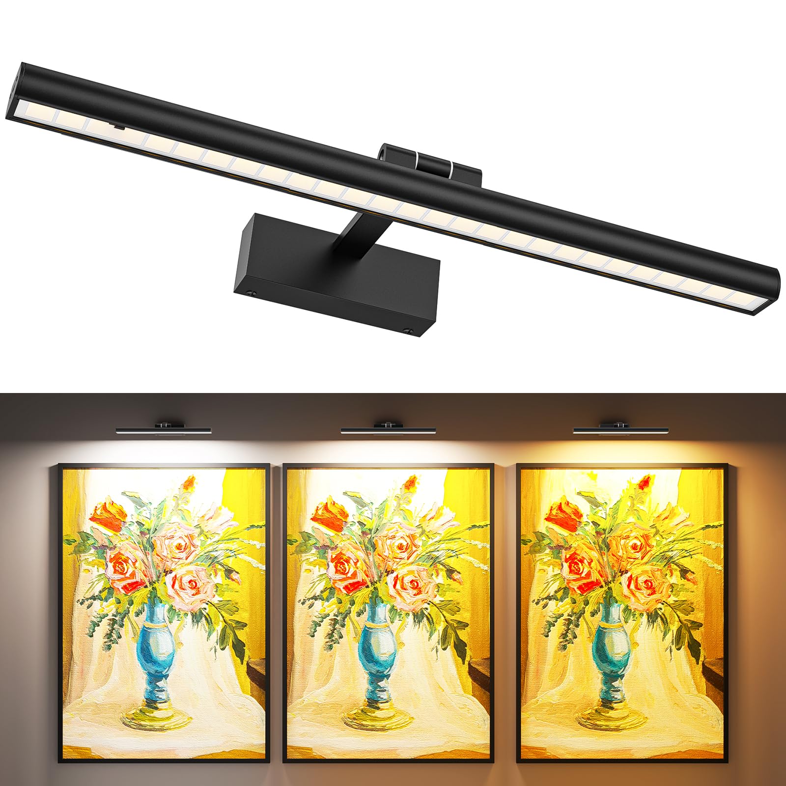 Wireless Picture Lights for Wall, Battery Operated Wall Light for Painting Rechargeable CCT Rotatable Art Gallery Light with Remote Dimmable Timer for Artwork Frame Display Dartboard (Black, 16inch)
