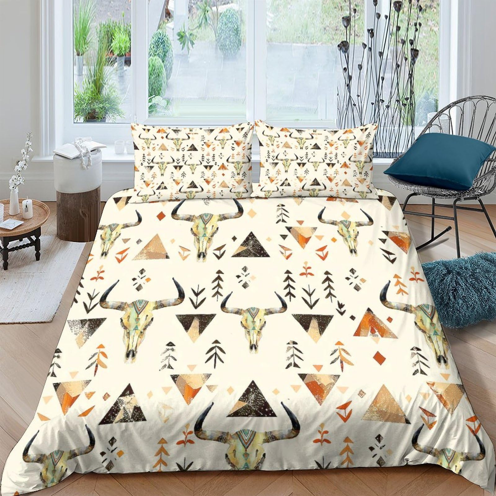 Ctjqhvkz Style-8 3D Printed Boho Bull Skull Fitted Sheet Microfiber Soft Abstract Geometric Mattress Cover For Bedroom Guest Room Decor Single（135X200cm）