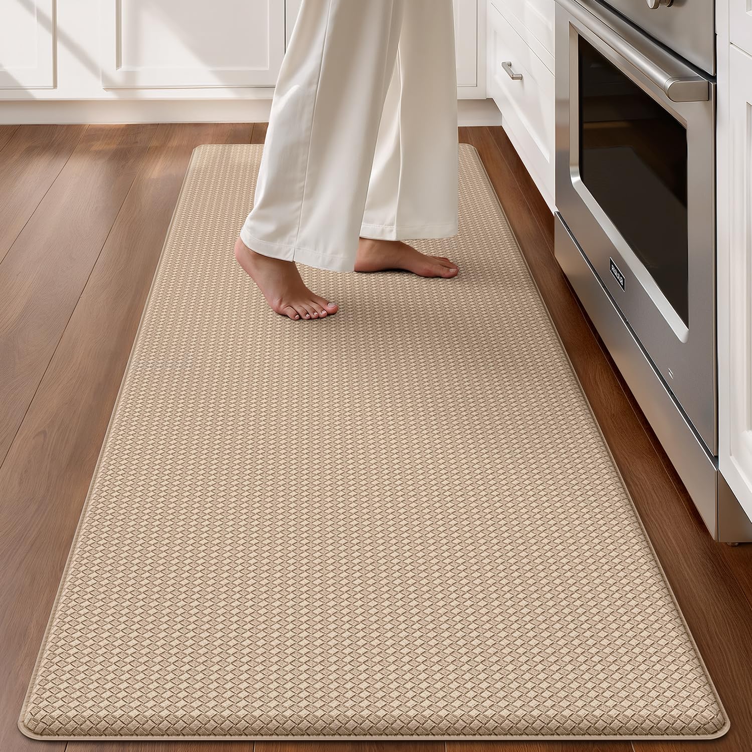 color&geometry anti fatigue cushion kitchen mat for floor -24"x59",wide,easy clean, water & oil proof, anti slip, foam rubber runner rug for front sink comfort standing,beige