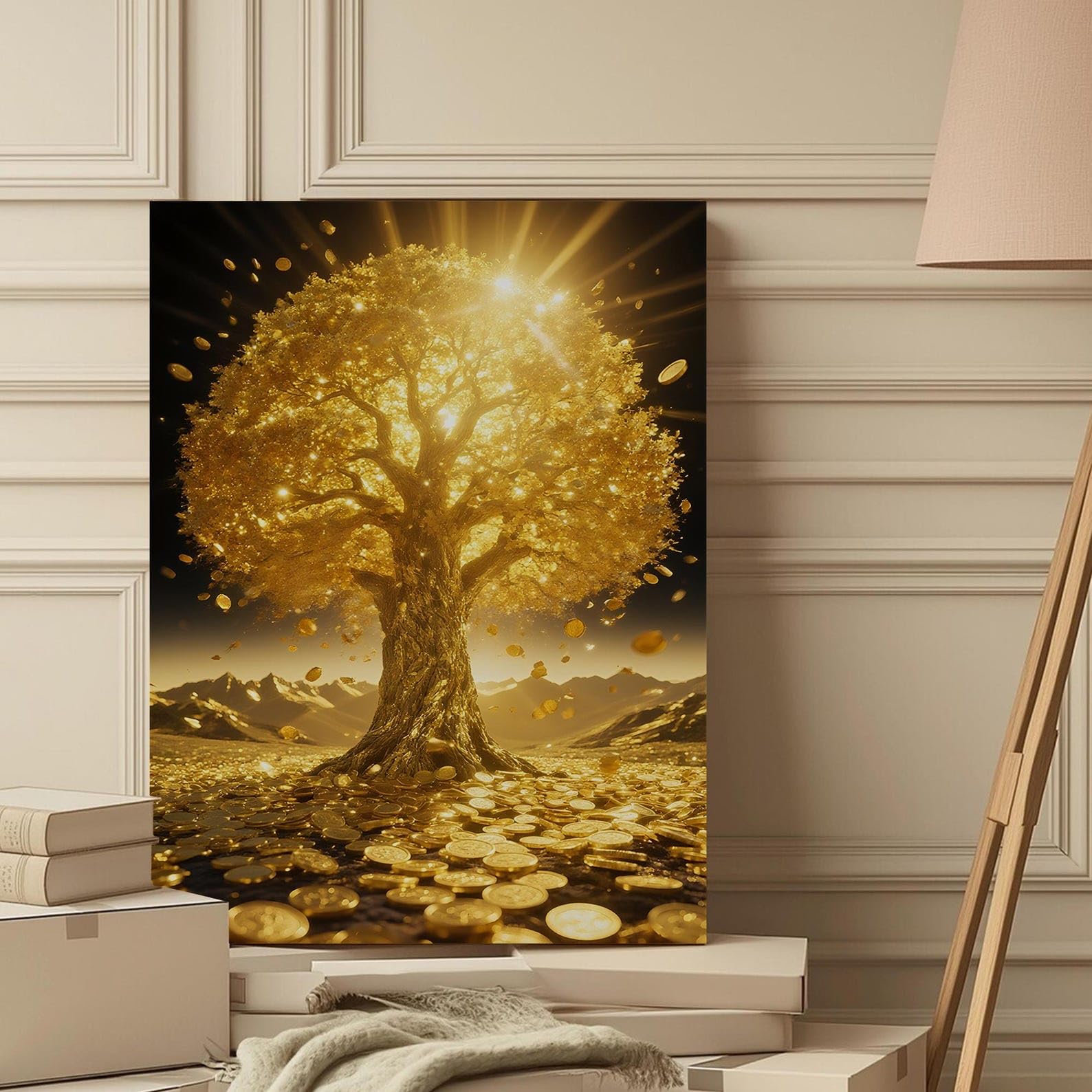 XBTYKPB Lienzo decorativo Árbol del Dinero Dorado: Decoración Feng Shui para la prosperidad, láminas y pósteres para la decoración del hogar en la sala de estar (70x100cm/marco interior)