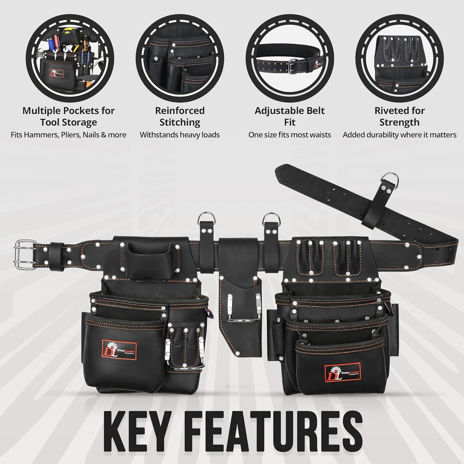 Daisy Leather PRO DL-101 Oil tanned Premium 25 pockets Heavy duty Tool Belt, Carpenter belt Pouch for Construction, Carpenter, Craftsman and Electricians workers, Black, X-Large - Image 4