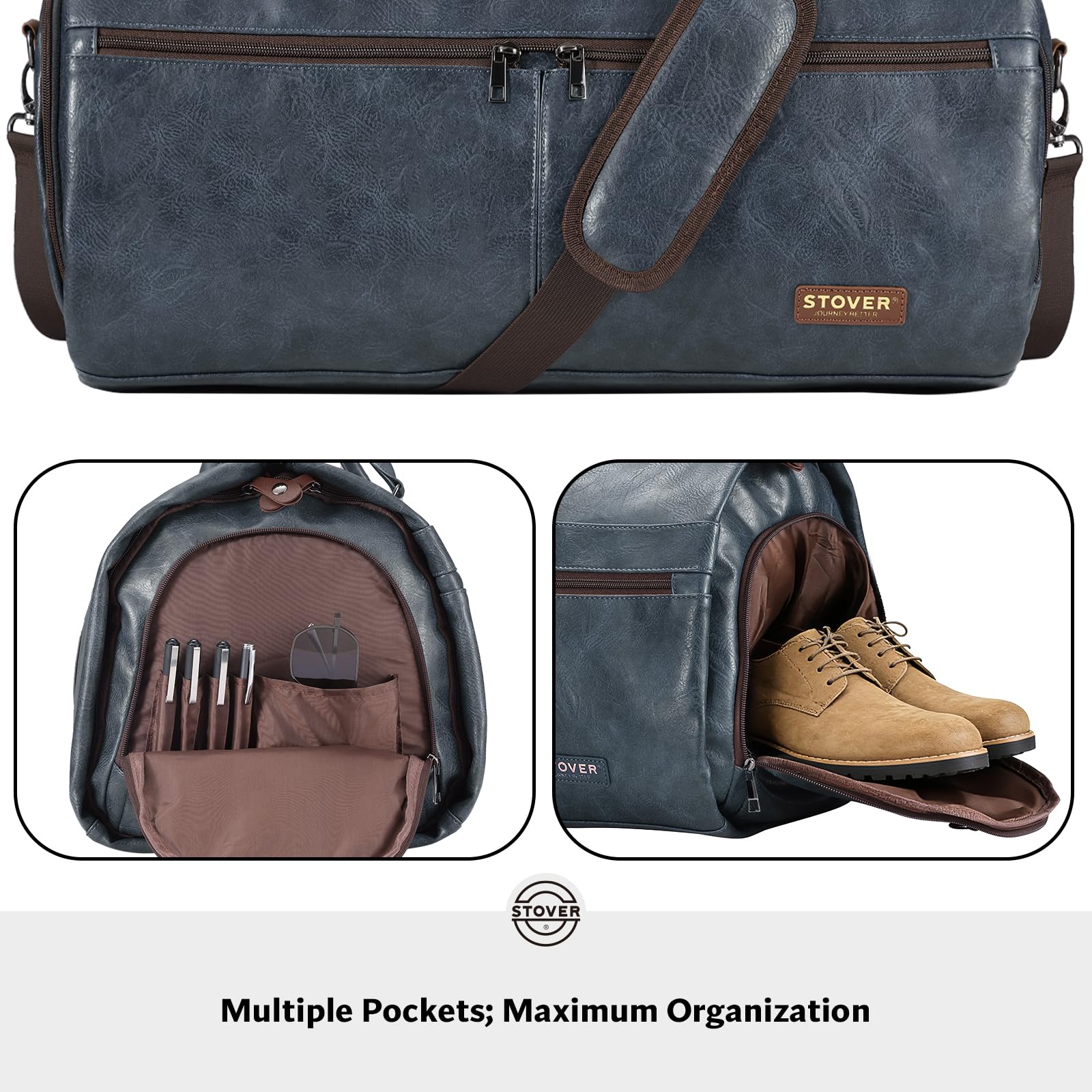 STOVER Garment - Bolsa de viaje grande 2 en 1, equipaje de mano convertible para hombres y mujeres, trajes colgantes, vestidos y ropa + compartimento para zapatos, bolsa de fin de semana (cuero azul),