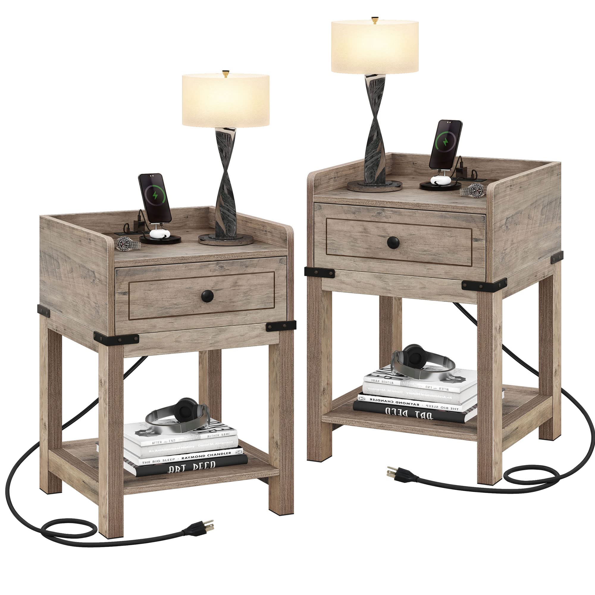 YITAHOME Farmhouse End Table with Charging Station, End Side Table with Drawer for Small Space, Bedside Table with USB Ports and Outlets, for Living Room, Set of 2