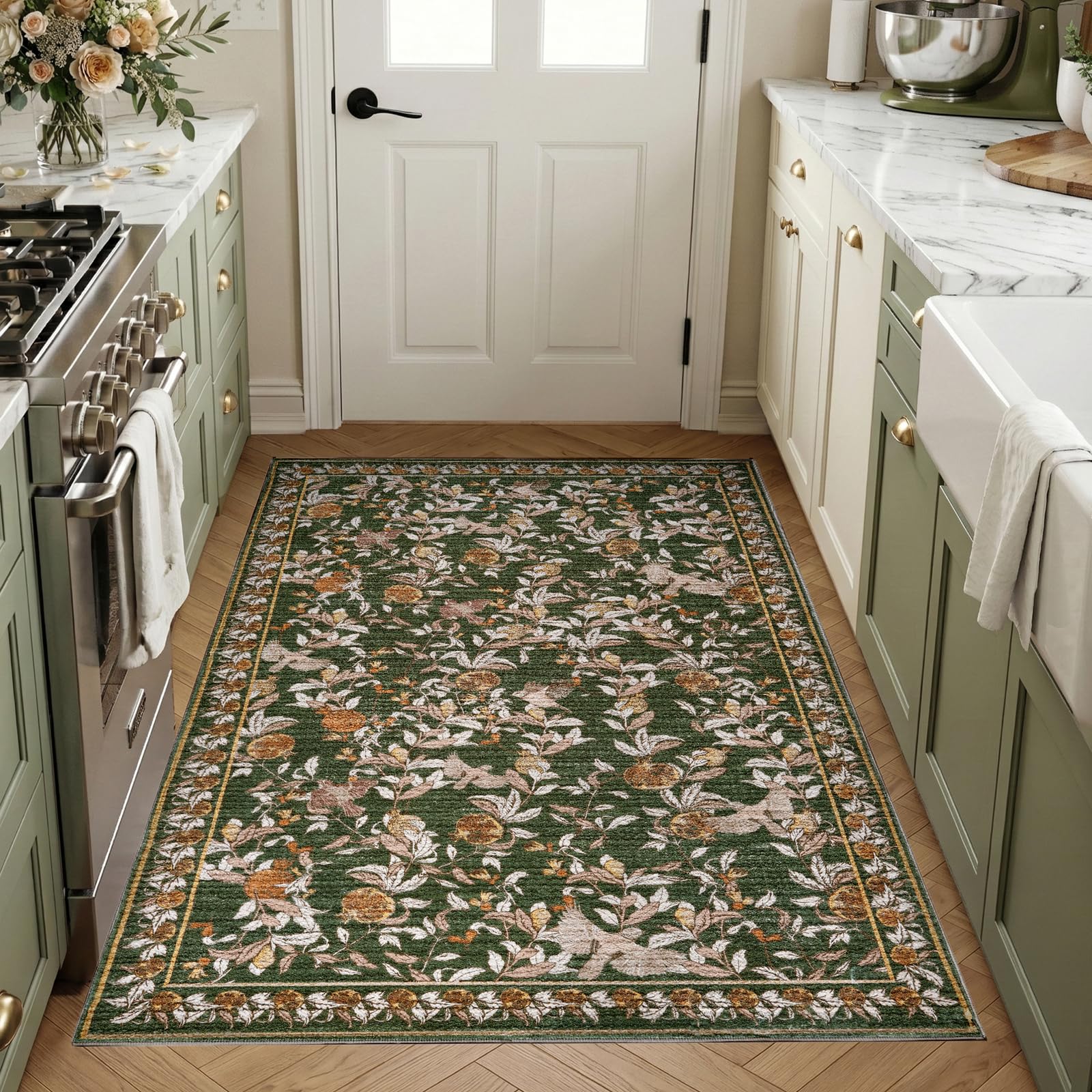 TOPICK Washable Runner Rugs for Hallway 80x150cm, Extra Long Non Slip Carpet Runners for Entryway, Kitchen, Bedside, Vintage Pomegranate & Bird Printed Soft Cashmere Texture Green Rugs, Easy Clean