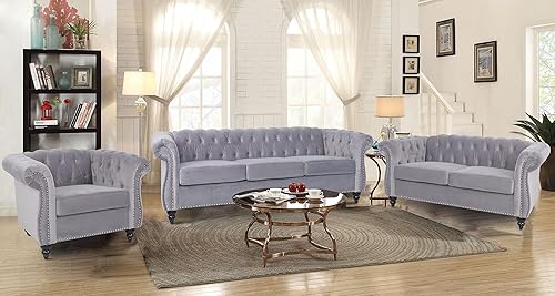 wirrytor Juego de 3 piezas de muebles de sala de estar sofá Chesterfield de terciopelo silla Chesterfield Club y sofá Chesterfield de sofá biplaza